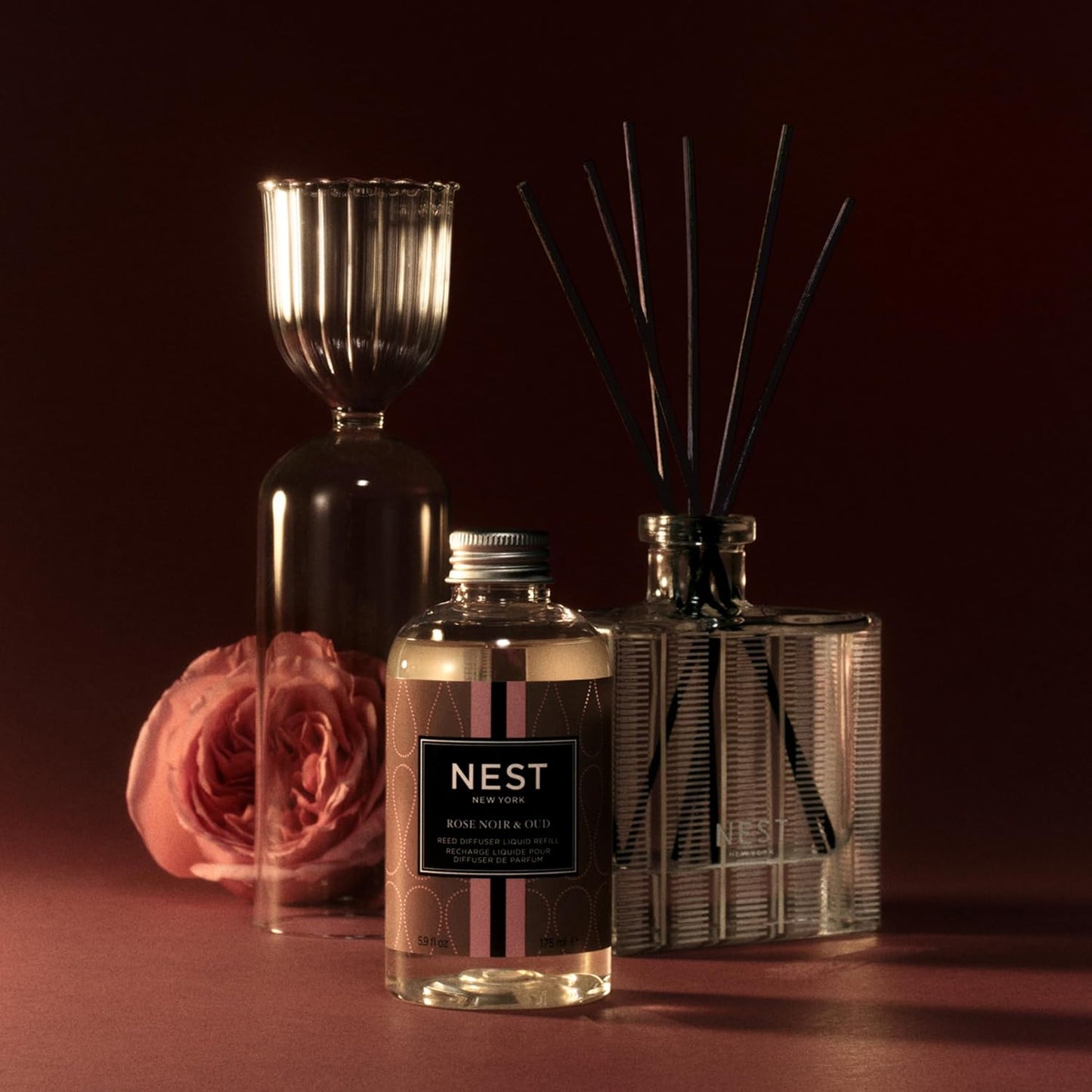 NEST New York Reed Diffuser, Rose Noir & Oud - 5.9 fl oz - Fragrance for Up to 90 Days - Reusable, Refillable Glass Holder - Includes 8 All-Natural Reed Sticks - Flame Free