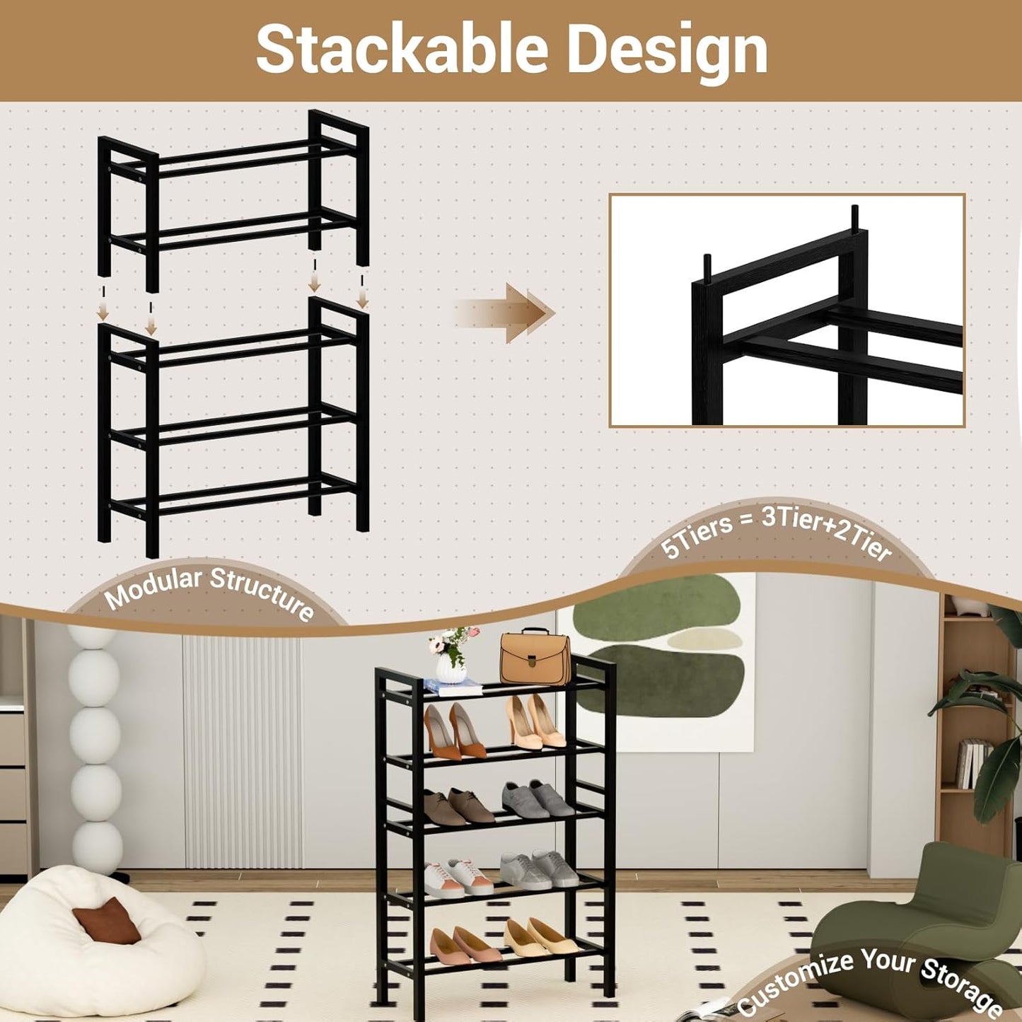 Haddockway Bamboo Shoe Rack for Closet, Free Standing Shoe Organizer with Smooth Round Rods & Convenient Handles, Stackable Shoe Storage Shelf for Entryway, Hallway(Black, 5-Tier(Small))