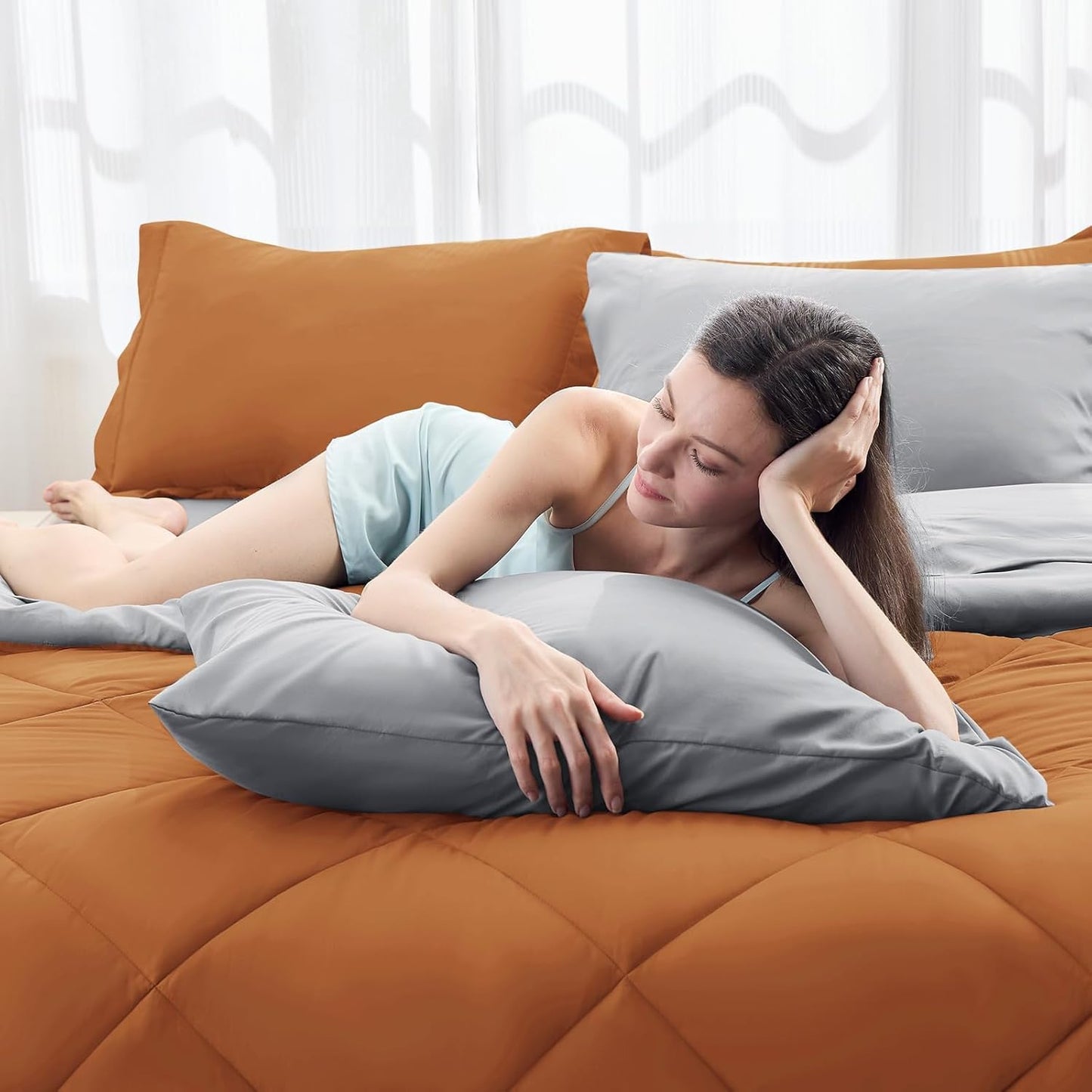 HEVUMYI Twin-XL Comforter Set - 5-Piece All Season Bed in a Bag Twin-XL, Ultra Soft Bedding Set with Comforter, Flat Sheet, Fitted Sheet, Pillowcases, Pillow Shams, Orange & Light Grey