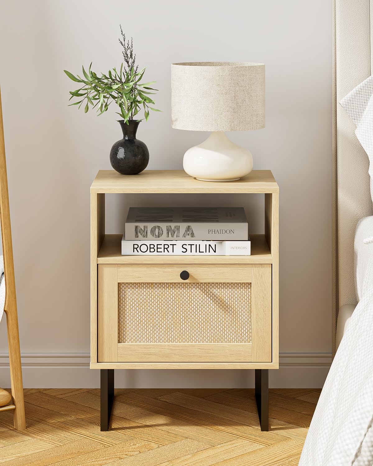 Masupu Rattan Nightstand,Modern Boho Farmhouse Wood Bedside Table with Storage Drawer and Open Shelf,Small Black Frame Side End Table for Bedroom,Living Room,Office (Natural)