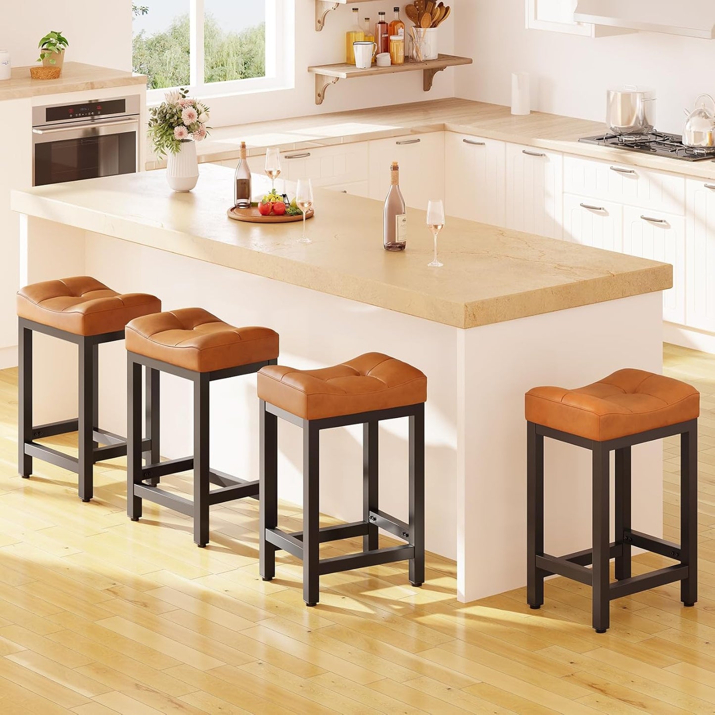 Dripex Backless Saddle Bar Stools Set of 3, Modern Faux Leather 24'' Counter Height Barstools with 4" Thick Seats & Heavy Duty Metal Legs, for Kitchen Island, Bar, Dining Room, Brown