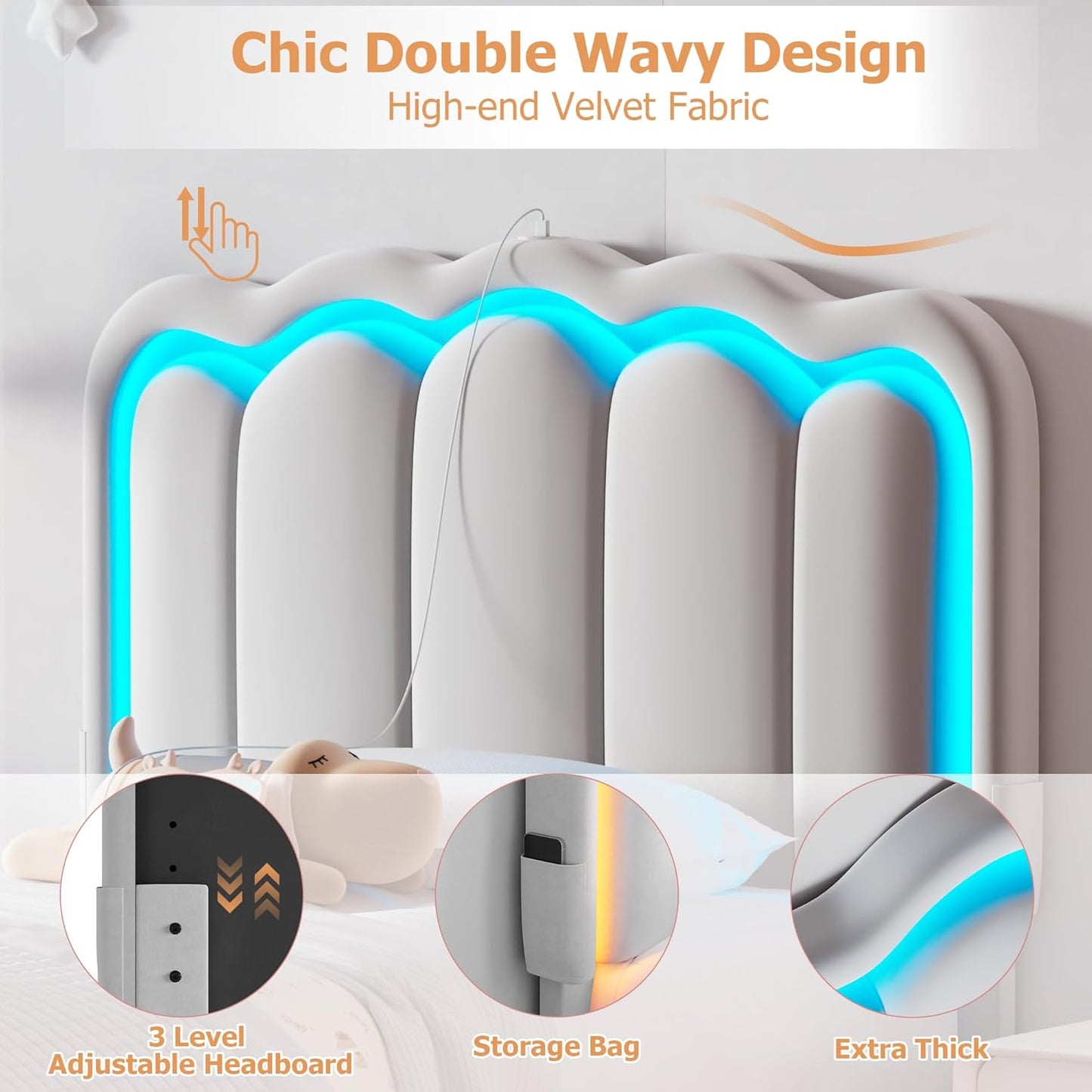 Twin Upholstered LED Bed Frame with Storage Drawer and Adjustable Chic Double Wavy Headboard, Velvet Prince Platform Bed for Boys/Kids, Solid Wood Slats Support, No Box Spring Needed, Grey