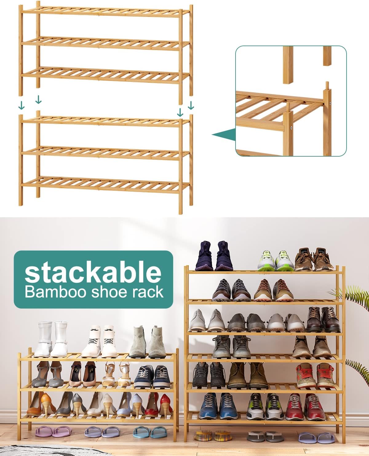 3-Tier Long Shoe Rack, Bamboo Wood Shoe Rack for Closet, Entryway & Hallway, Stackable | Beautiful | Functional | Sturdy