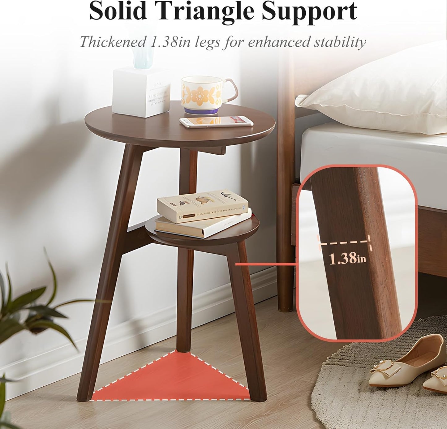 Side Table, 2-Tier Round End Tables Living Room, Mid Century Modern Side Table, Round Nightstand, Oak Accent Table, Small Round Coffee Table, 16.54" Dia.x 23.62" H(Walnut)