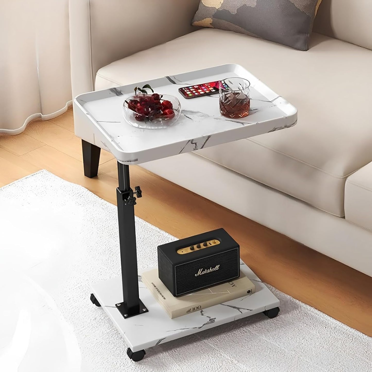 C Table End Table Adjustable Height, 360°Swivel TV Tray Table for Small Spaces, Couch Tables That Slide Under, C Shaped Side Tables with Wheels for Living Room and Bedroom, Bed