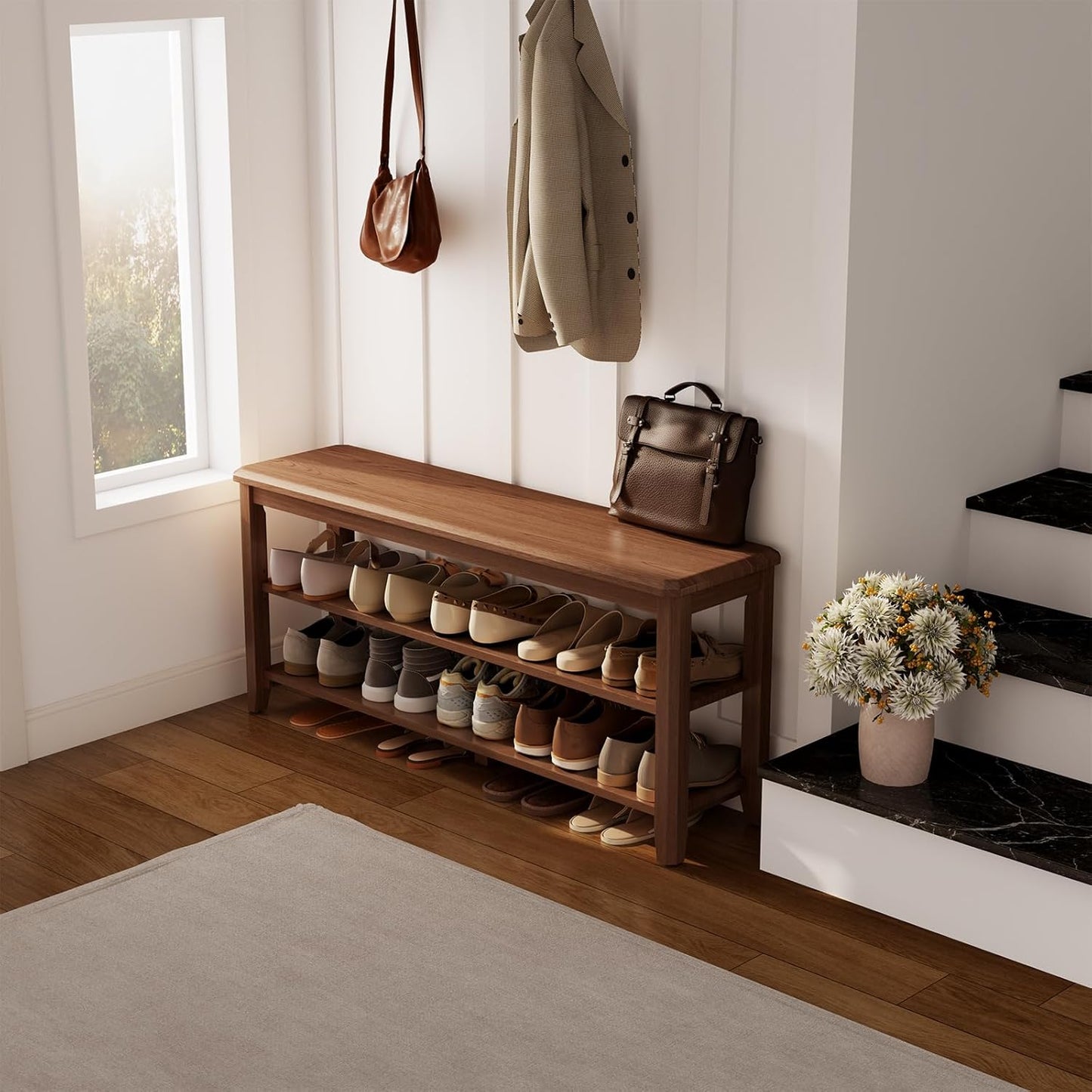 Wood Shoe Rack Bench for Entryway, 2 Tier Shoe Rack for Front Door Entrance, Shoe Bench with Shoe Storage for Entryway, Bedroom, 47.2"