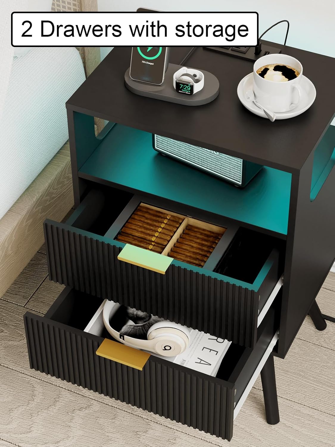 Nightstand, Modern Bedside Table with 2 Storage Drawer and Open Wood Shelf for Bedroom and Small Spaces, Night Stand with Solid Wood Legs (Black-Outlet)