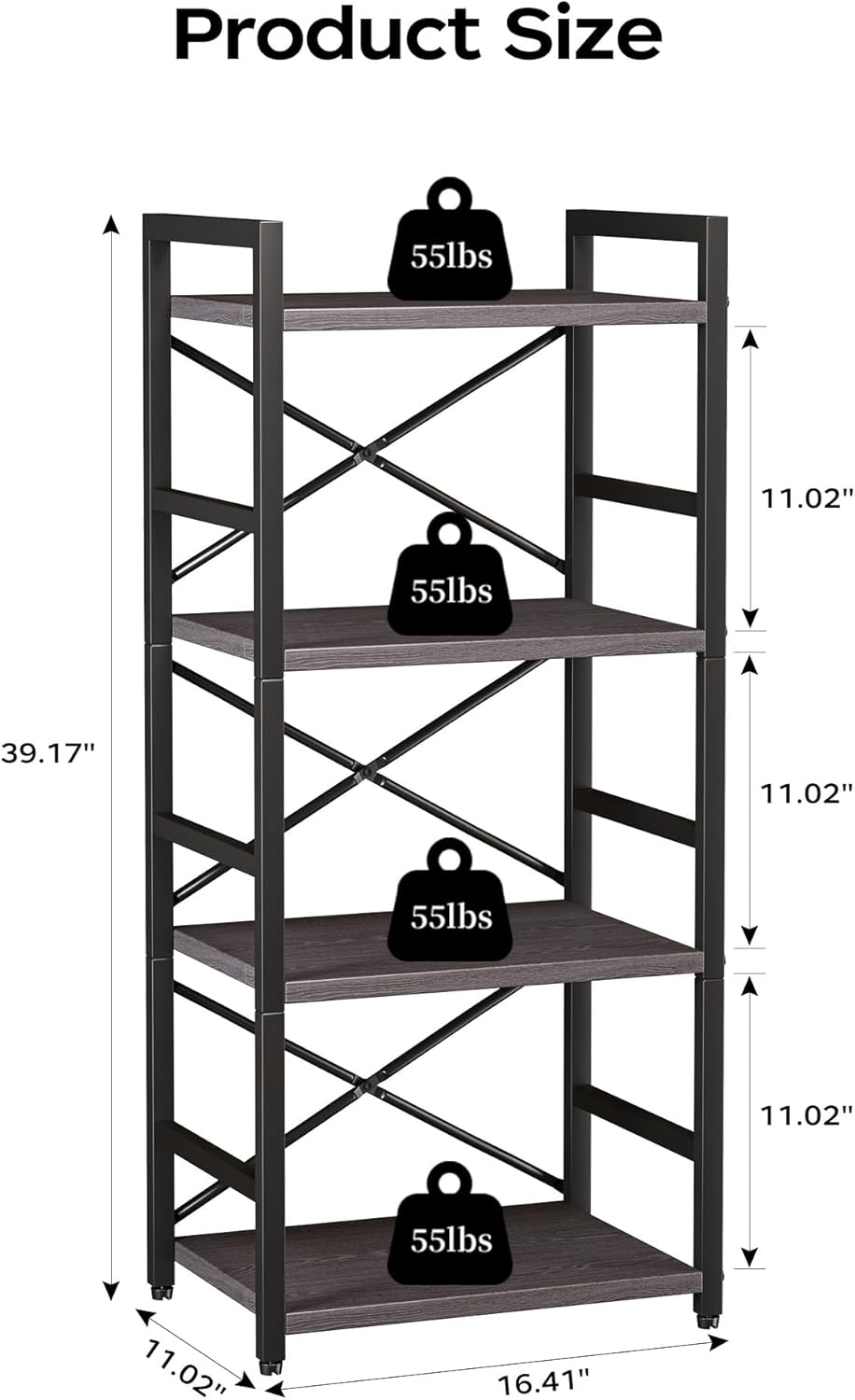 Homeiju Grey Bookshelf, 4 Tier Small Bookcase for CD/Movie/Book, Book Shelf Organization and Storage for Bedroom, Kid's Room, and Home Furniture (Grey)