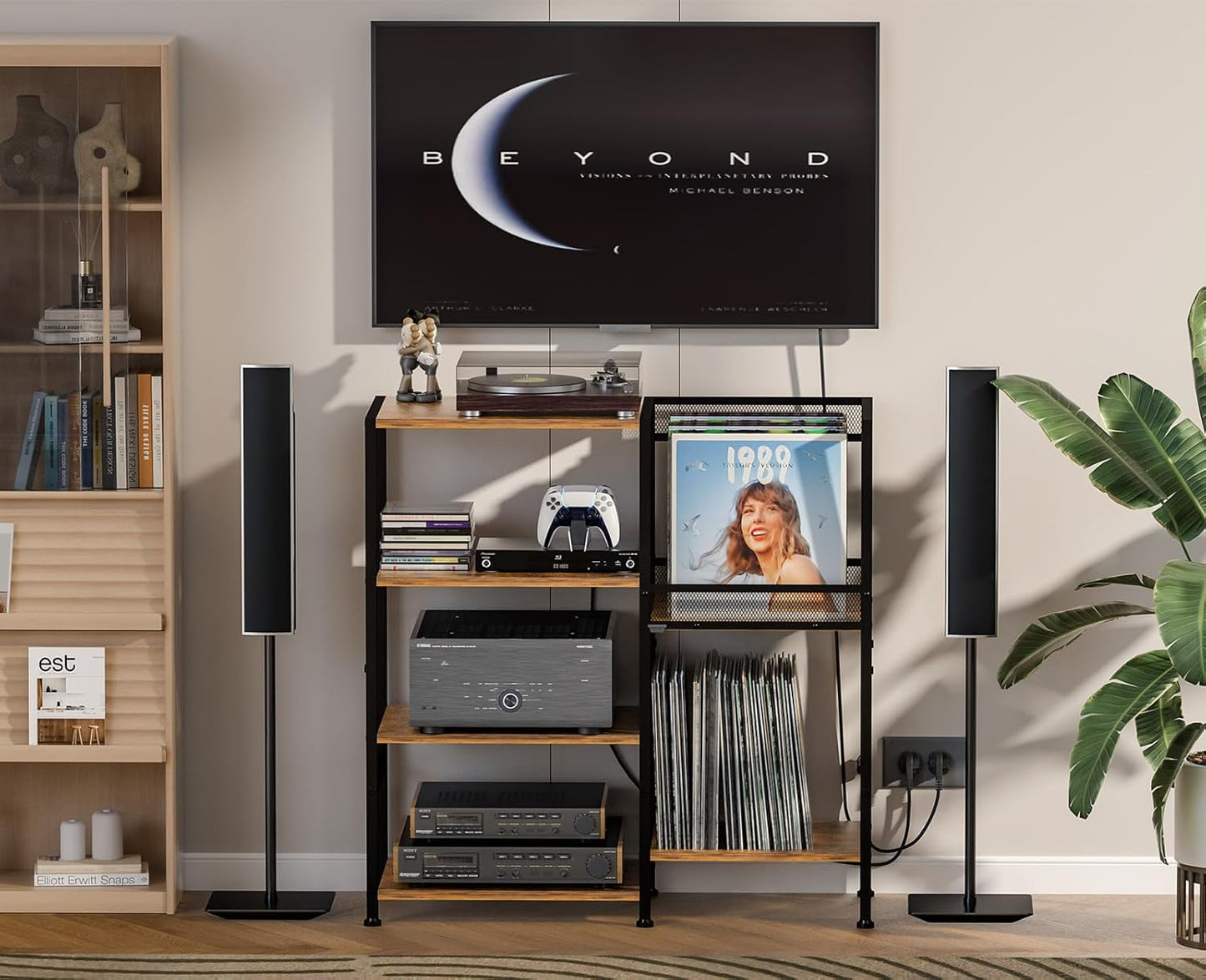 Record Player Stand Table with Vinyl Record Storage Holder-Up to 200+ Albums, Small Media Cabinet Console Table Stereo Stand Tower, Audio Video Shelving/Turntable Stand Shelf for Entertainment Center