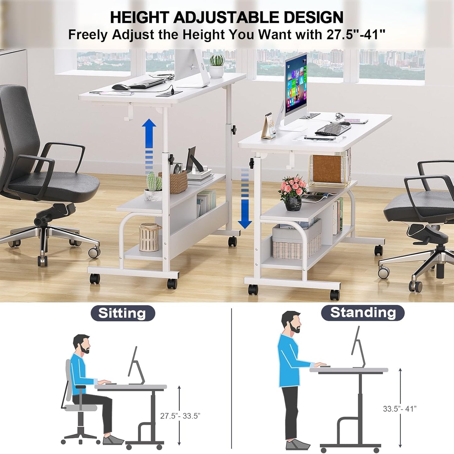 Armocity Height Adjustable Standing Desk with Power Outlets, 47" Manual Stand Up Desk with Storage Shelves Small Mobile Rolling Computer Desk Portable Laptop Table with Wheels for Home Office, White