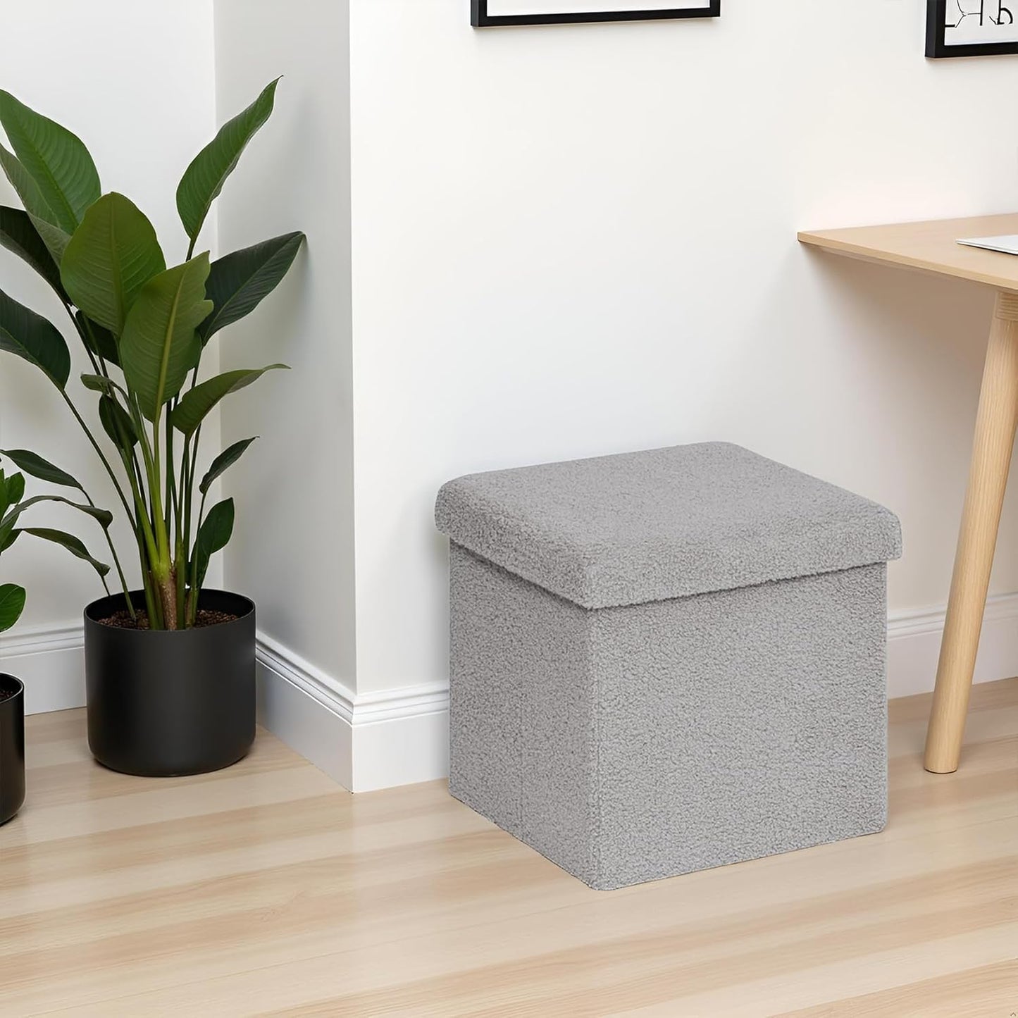 Folding Storage Ottoman Cube - Small Footrest with Sherpa Top, Multi-Functional Storage for Bedroom, Living Room-Grey