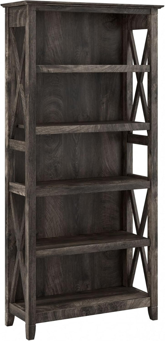 Bush Furniture Tall 5 Shelf Bookcase for Living Room or Home Office, Large Bookshelf, Modern Farmhouse Style, Key West Collection, Dark Gray Hickory