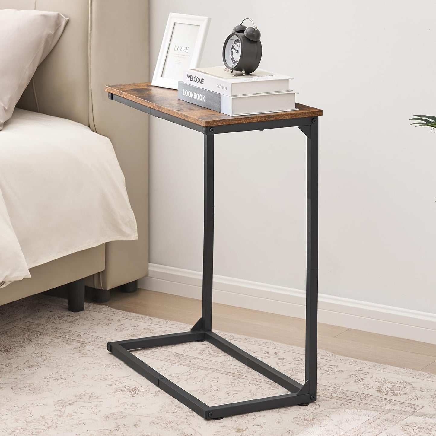 C Shape End Table, Large Surface Couch Table, C Table Sofa Side End Table, Side Table for Couch Slide Under, for Living Room, Bedroom, Home Office, Rustic Design, 21.7" D x 11.8"W x 26.4"H