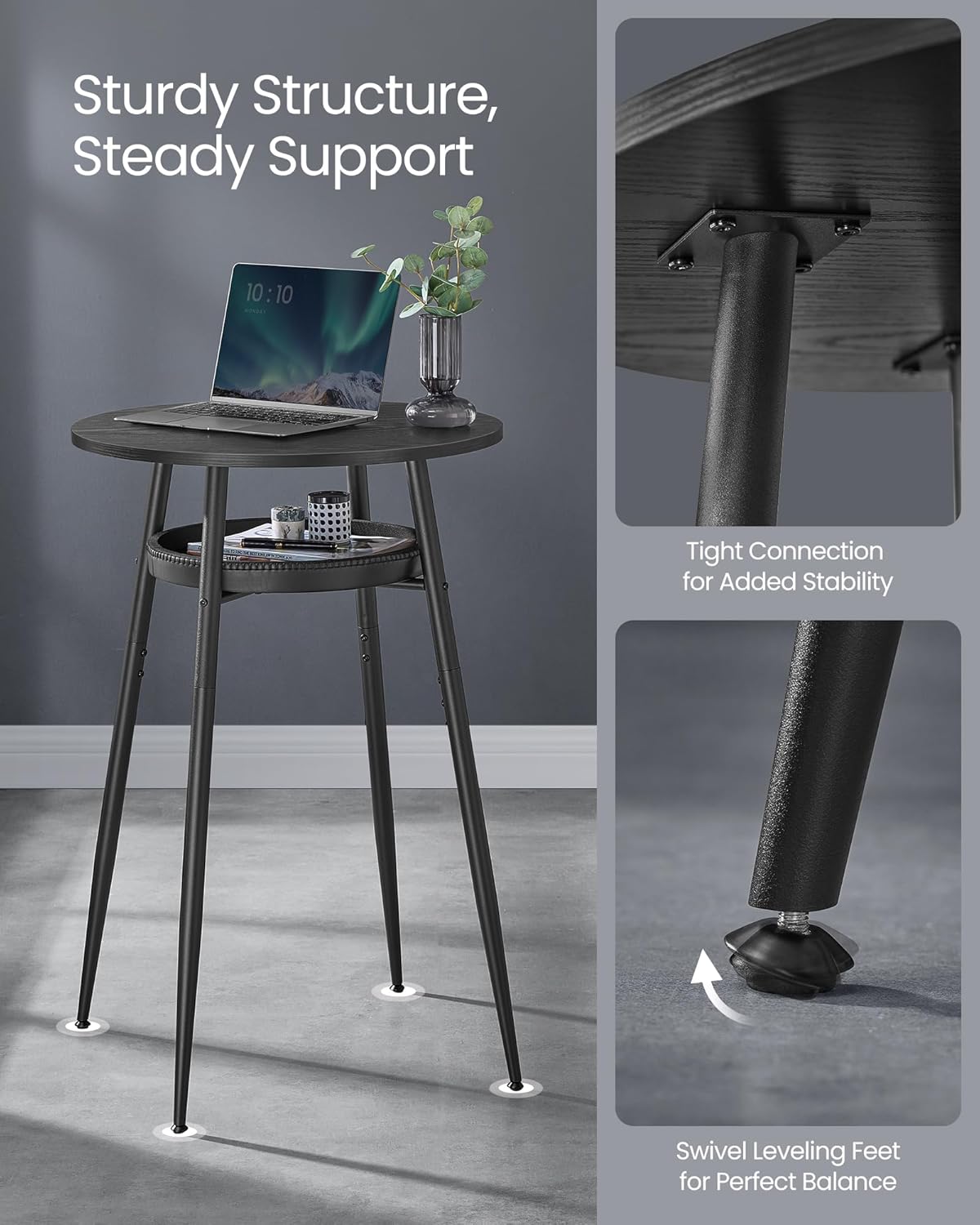 VASAGLE EKHO Collection - Bar Table with Storage, Round High Pub Table, Synthetic Leather with Stitching, Mid-Century Modern, Kitchen Home Bar, Living Room, Easy Assembly, Ebony Black and Ink Black