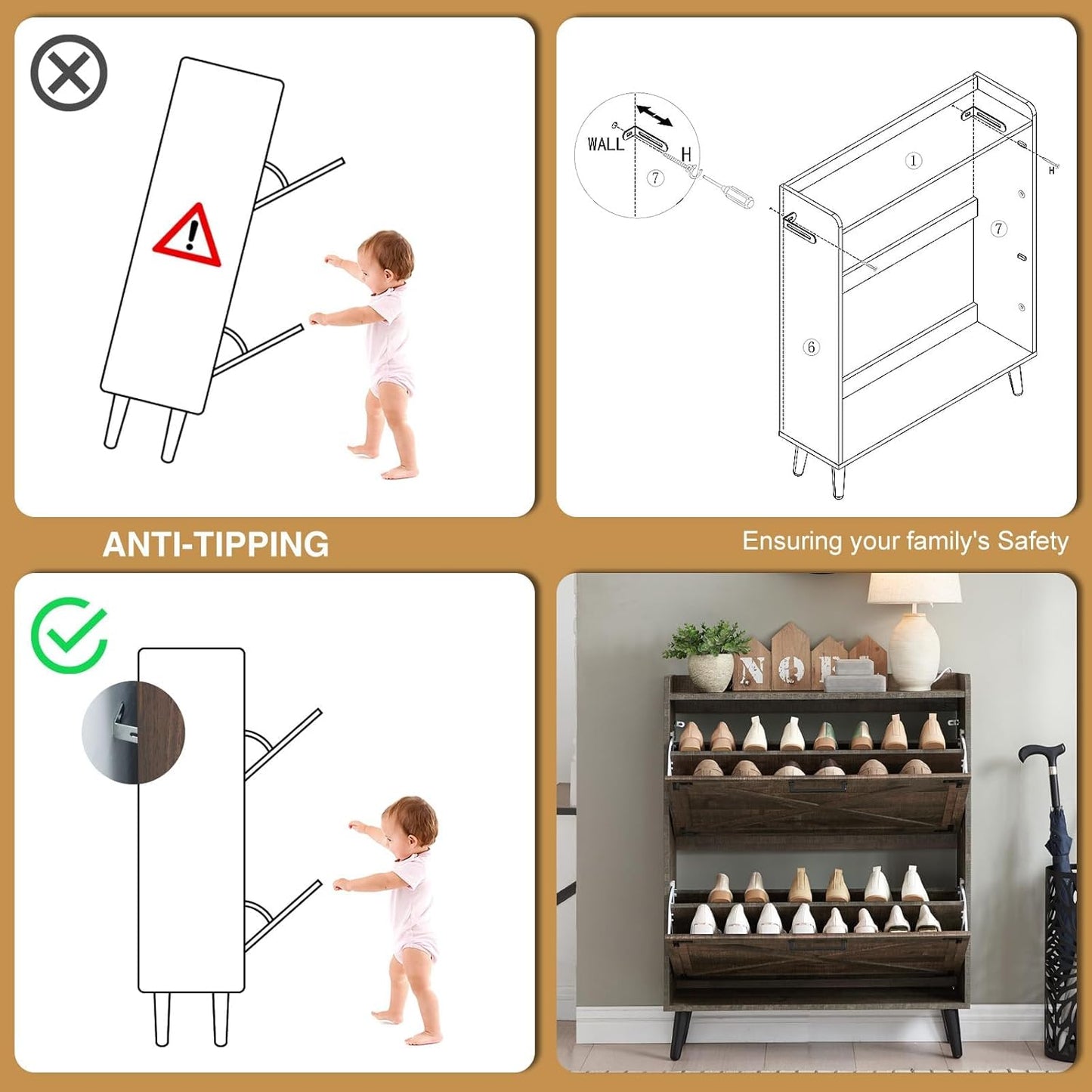 Shoe Storage Cabinet,Farmhouse Shoe Organizer with 2 Flip Drawers & Barn Door Design,Freestanding Hidden Slim Narrow Shoe Rack Cabinet for Entryway,Foyer,Hallway,Rustic Brown