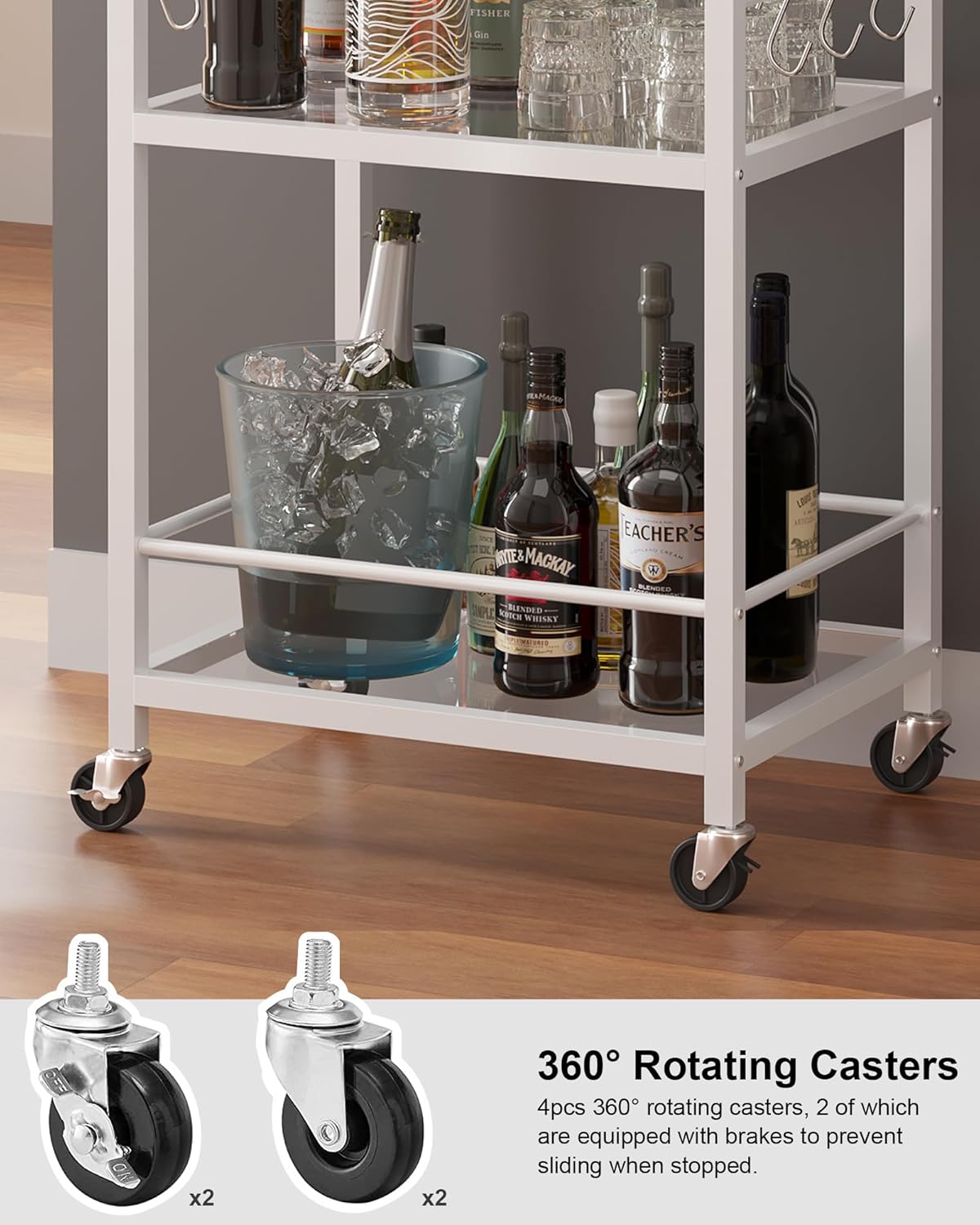 TUTOTAK Bar Cart, Home Bar Serving Cart, Drink Cart with 3-Tier Mirrored Shelf, Mobile Kitchen Shelf with Wine Rack, BC01BW033