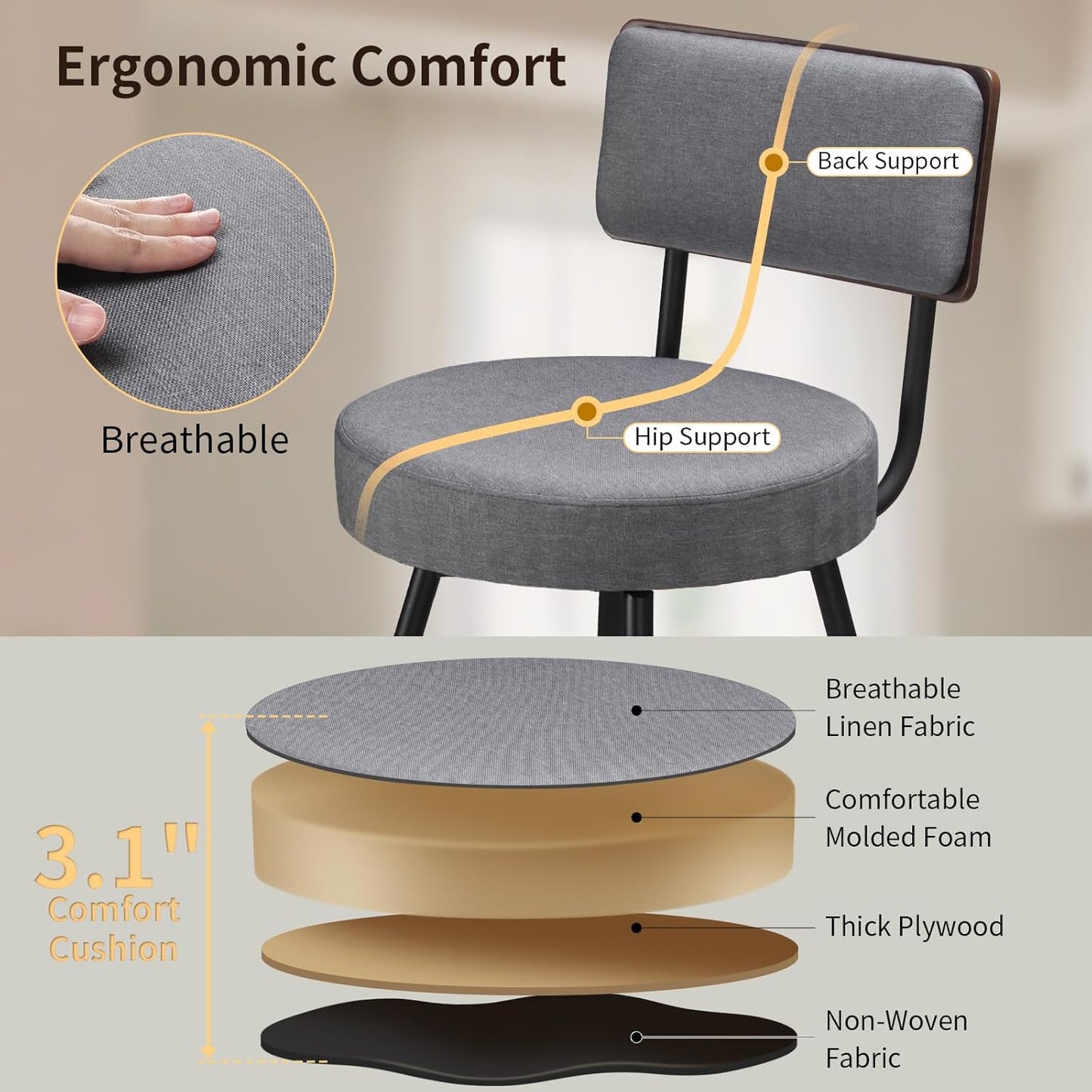 Counter Height Bar Stools, 25" Swivel Bar Stools Set of 2, Round Swivel Bar Chair, Fabric Upholstered Barstools with Metal Leg, Stool for Kitchen Counter Island, Dark Grey