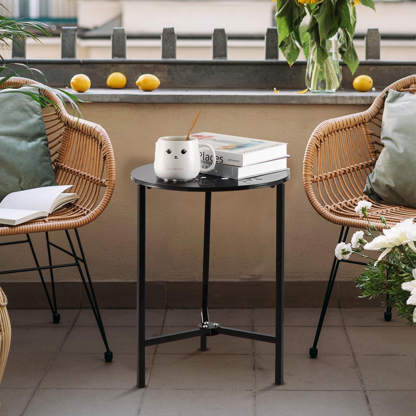 1 Pack 13" Metal Outdoor Side Tables Small Black Outside End Table for Patio Round Accent Corner Stand for Small Spaces Weather-Resistant Coffee Table for Balcony Porch Plant Stand, Starlight Pattern