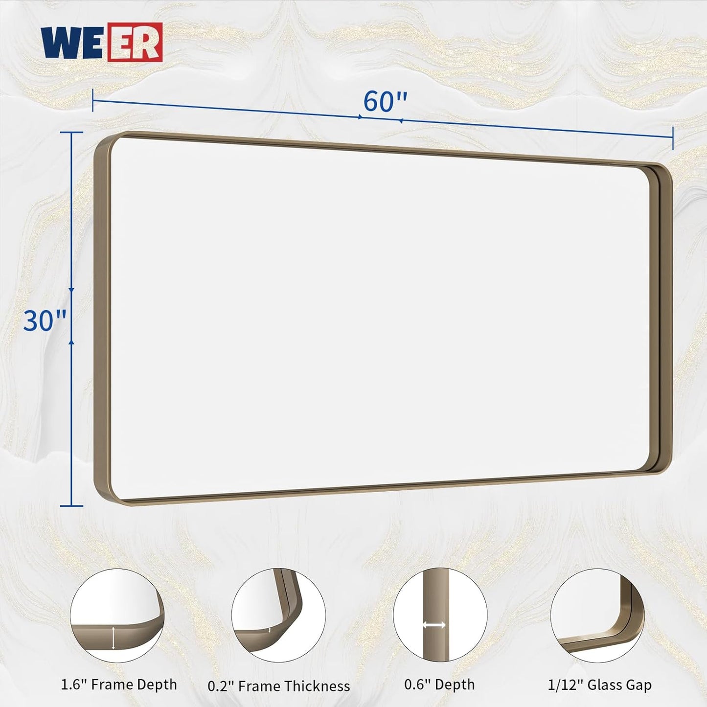 WEER 60x30 Inch Bronze Bathroom Mirror for Vanity, Brushed Bronze Metal Frame Rounded Rectangle Mirror with Tempered Glass, Anti-Rust (Horizontal/Vertical)