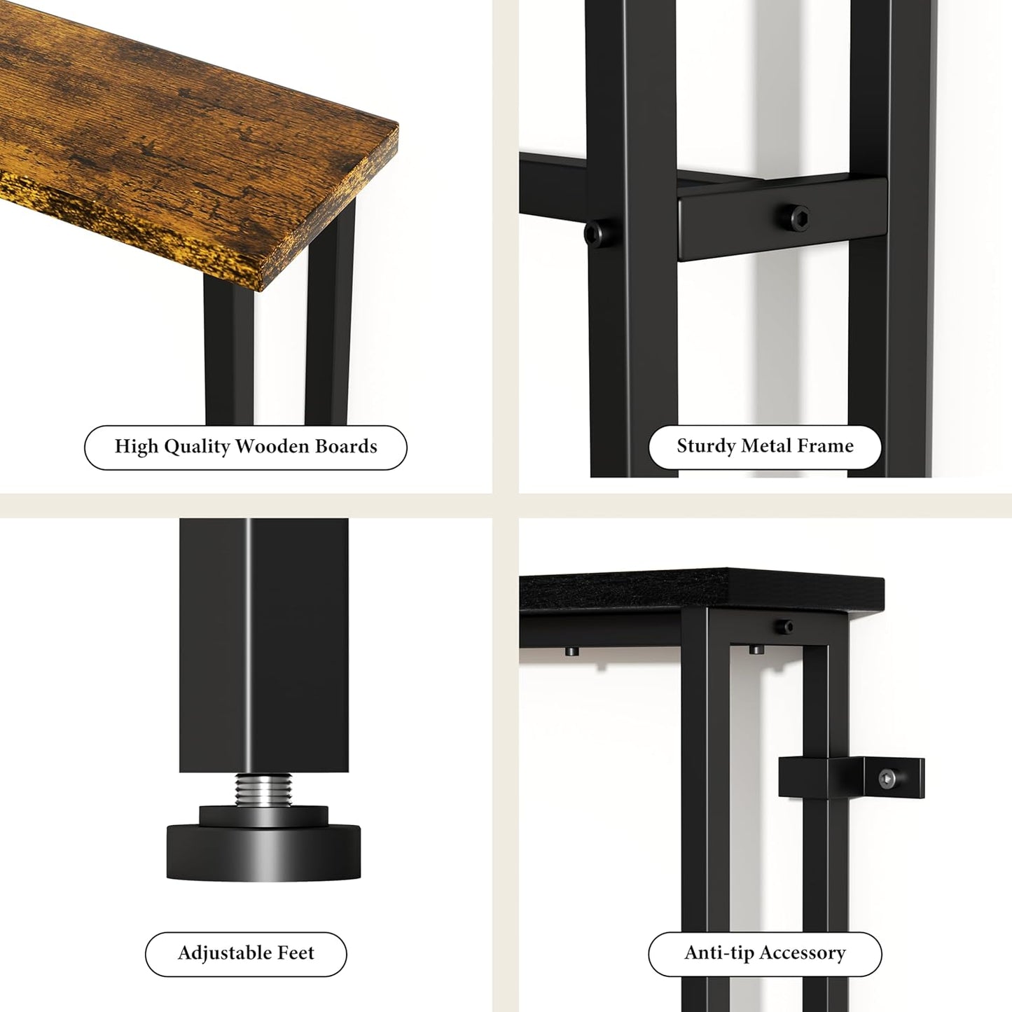 GRLEAF 39" Narrow Console Sofa Table with Built-in Power Strip (4 AC Outlets & 4 USB Ports) – 4.9ft Power Cord, Metal Frame, Easy Assembly, Ideal for Behind Couch, Hallway, and Office | Rustic Brown