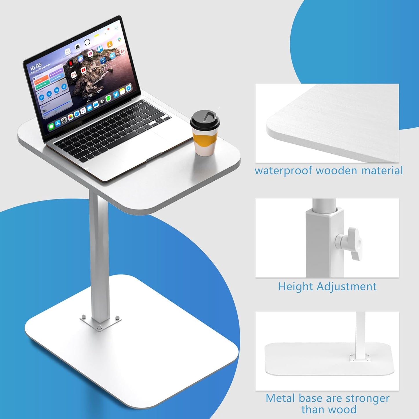 Side Table Sofa Tray for Couch Heavy Metal Base Swivel/Adjustable Height, Sofa Bed Bathroom Study TV Tray C Shaped End Table Food Snack Trays for Eating