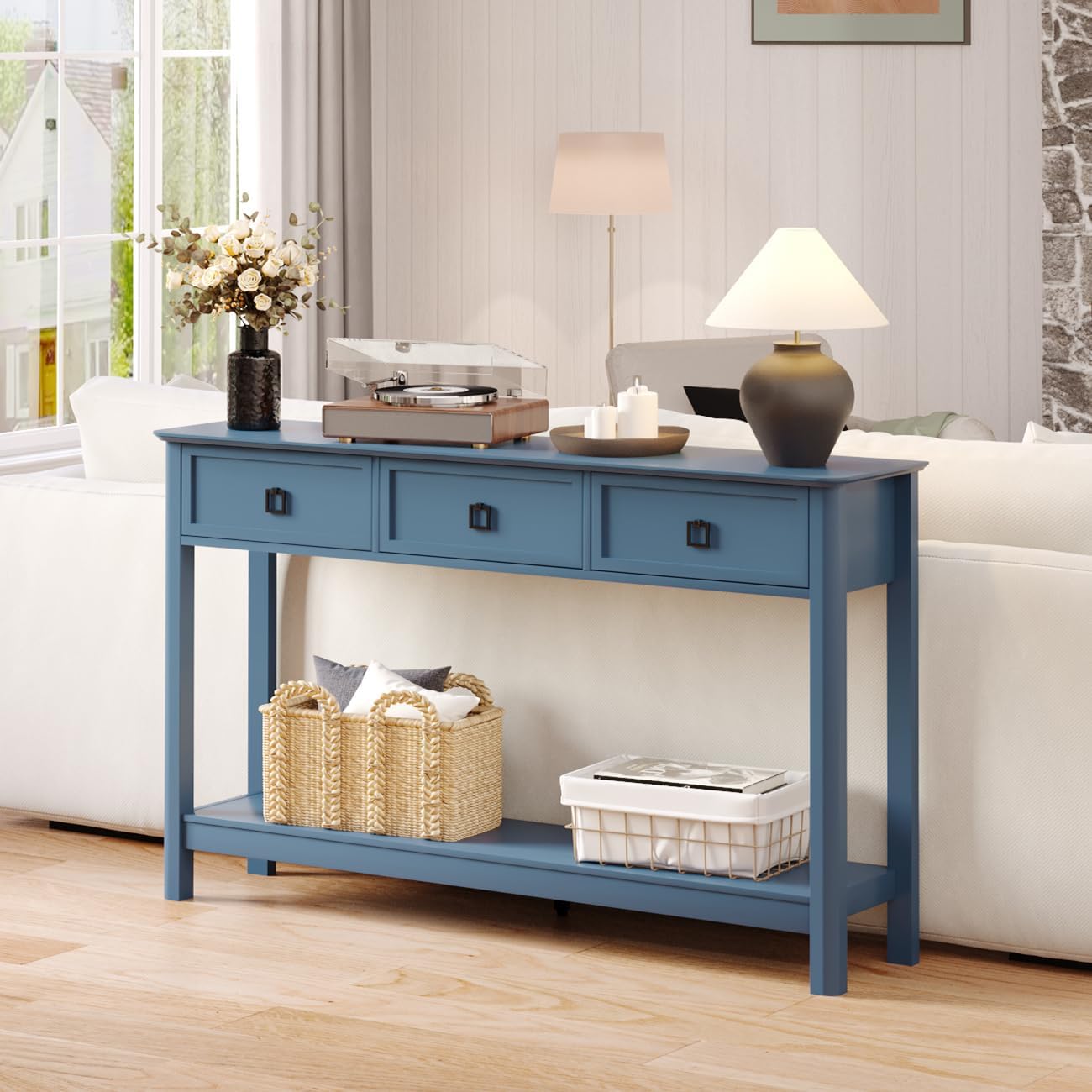 Treocho 53.1" Console Table with 3 Drawers, Modern Entryway Table, 2-Tier Narrow Long Sofa Table Behind Couch Table for Living Room, Hallway, Blue