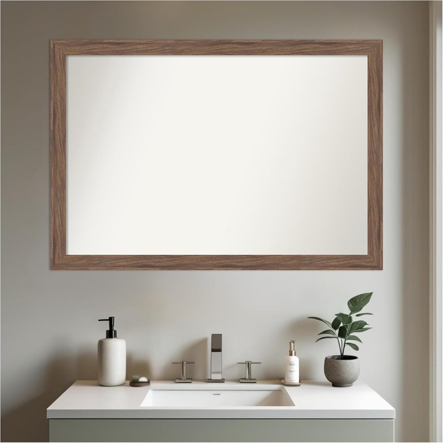 Amanti Art Brown Bathroom Mirror for Over Sink, 27x39 Pia Medium Brown Narrow Rectangle Vanity Mirror, Large Casual Frame, Hangs Horizonally and Vertically, Bathroom Wall Decor, Non-Beveled Edge