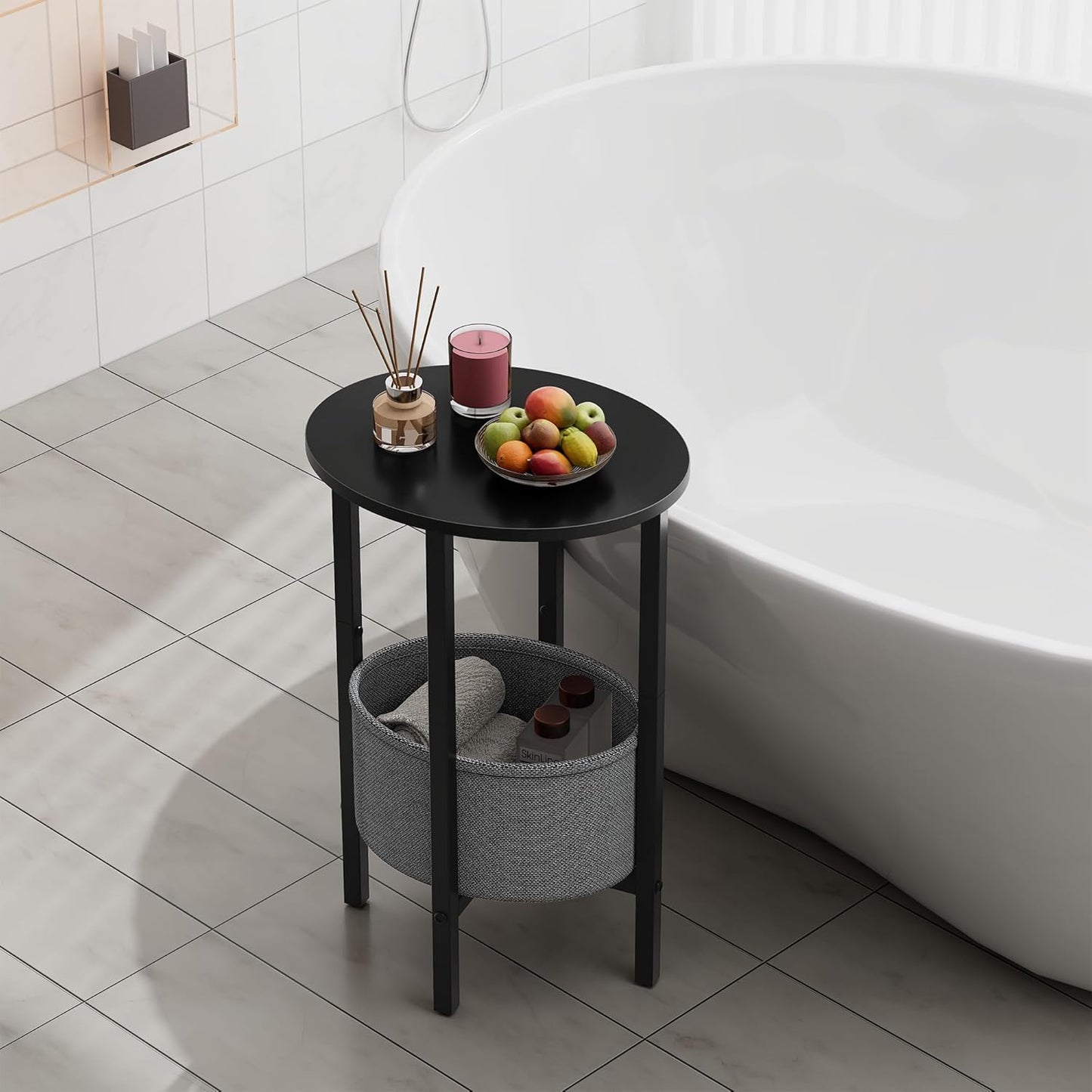 Vagusicc Round Side Table End Table with Storage Basket, Small Side Table Round Nightstand for Small Spaces, Tall Oval End Table with Steel Frame, Coffee Bedside Table for Living Room Bedroom, Black