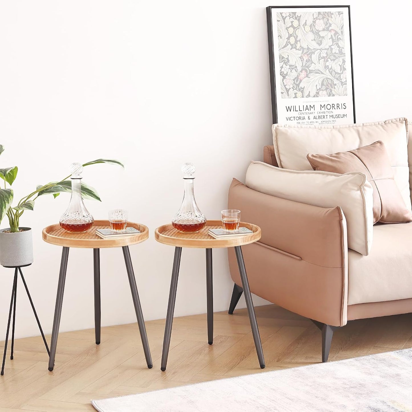 LITA 2 Pcs Rattan Log Desktop Round Side End Table, Nightstand/Small Tables, Indoor Outdoor Wooden Tray Table with Metal Stand End Table for Living Room Bedroom Office Small Spaces