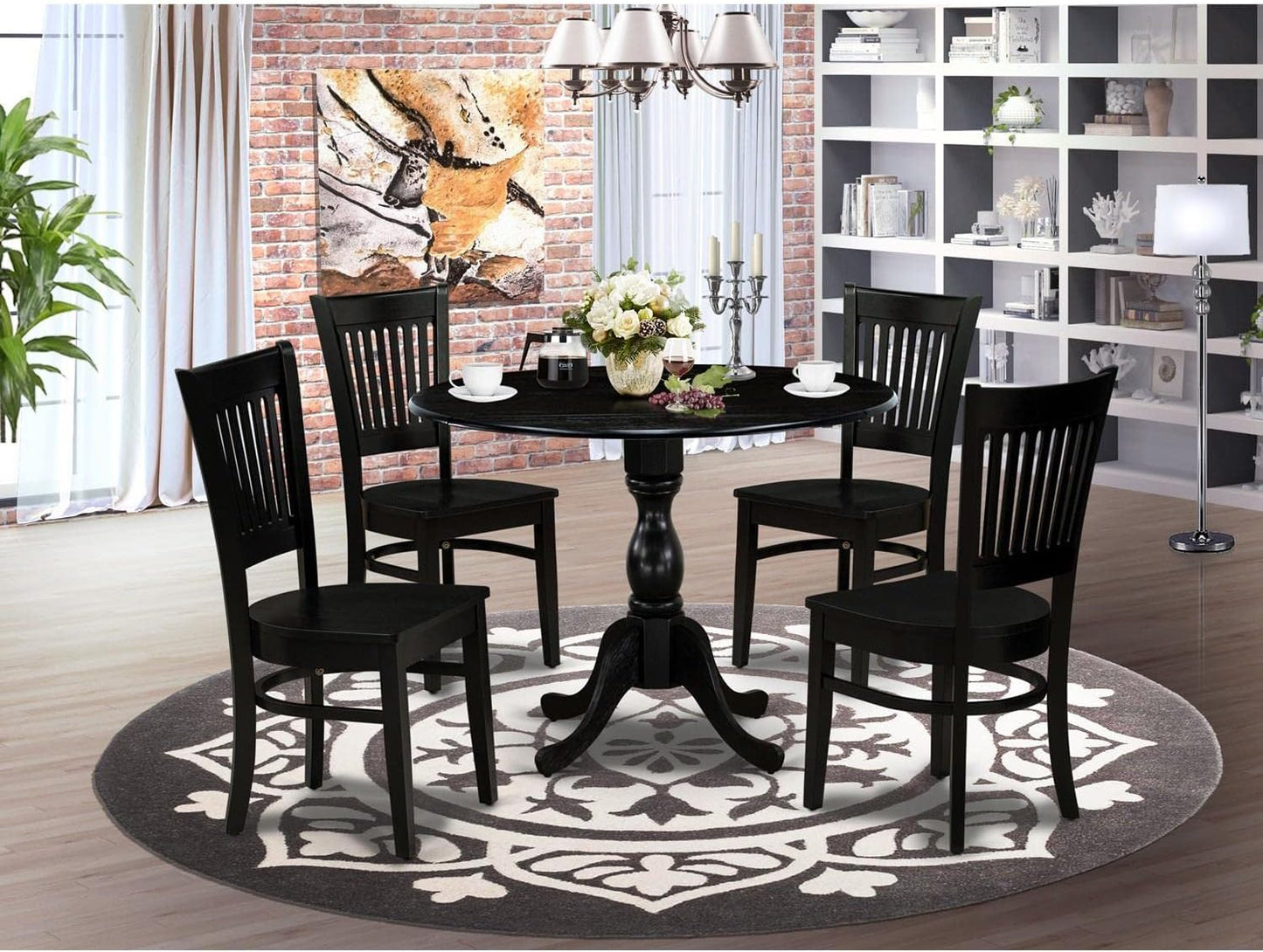 East West Furniture DMVA5-BLK-W 5 Piece Dinette Set for 4 Includes a Round Dining Room Table with Dropleaf and 4 Dining Chairs, 42x42 Inch, Black