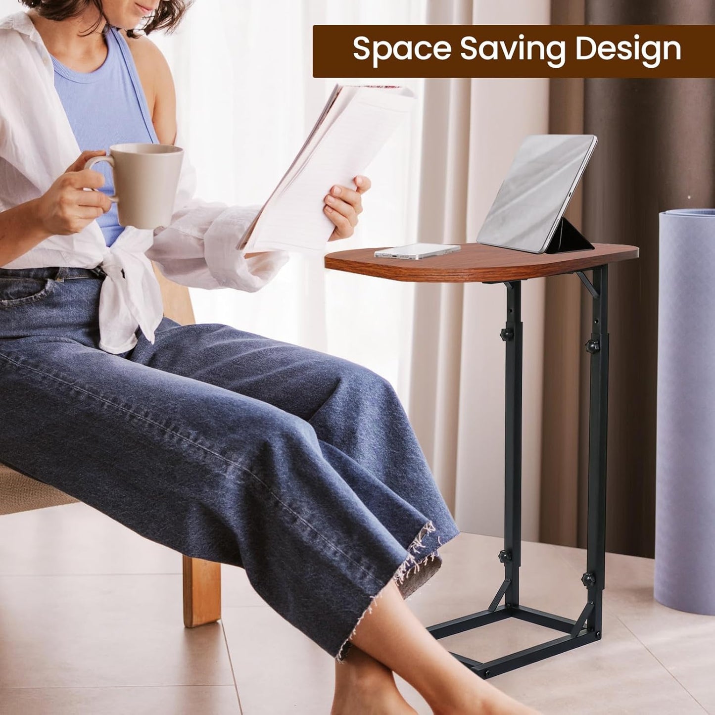 Premium Adjustable C-Shaped End Table for Couch, Mini Side Tables for Sofa, Small Coffee Table with Metal Frame, Beautiful and Practical Sidekick for Your Living Room, Bedroom, Bedside, Rustic Brown
