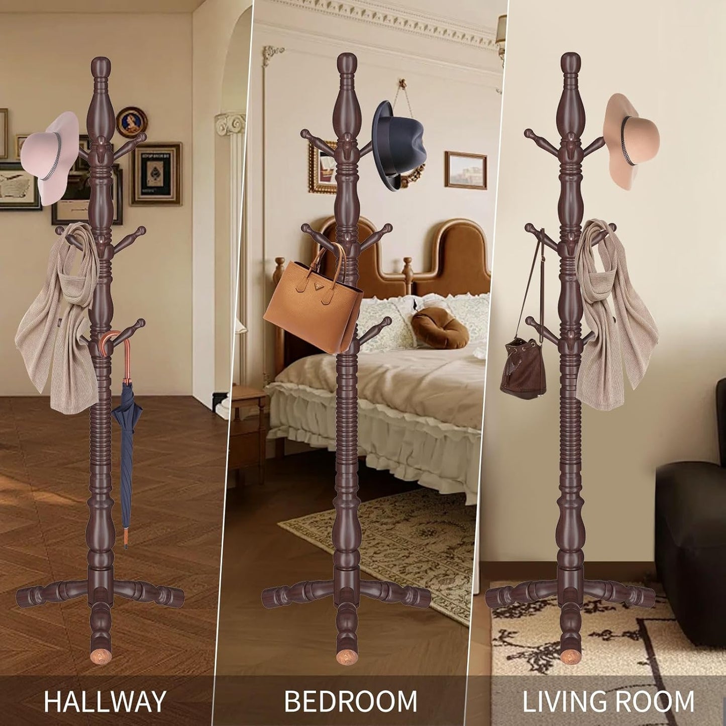 Wooden Coat Rack Stand, Vintage Wood Coat Rack Freestanding with Sturdy Triangle Base,Classic Coat Racks with 9 Hooks, Natural Birch Wood Entryway Coat Hall Tree Hanger Stand