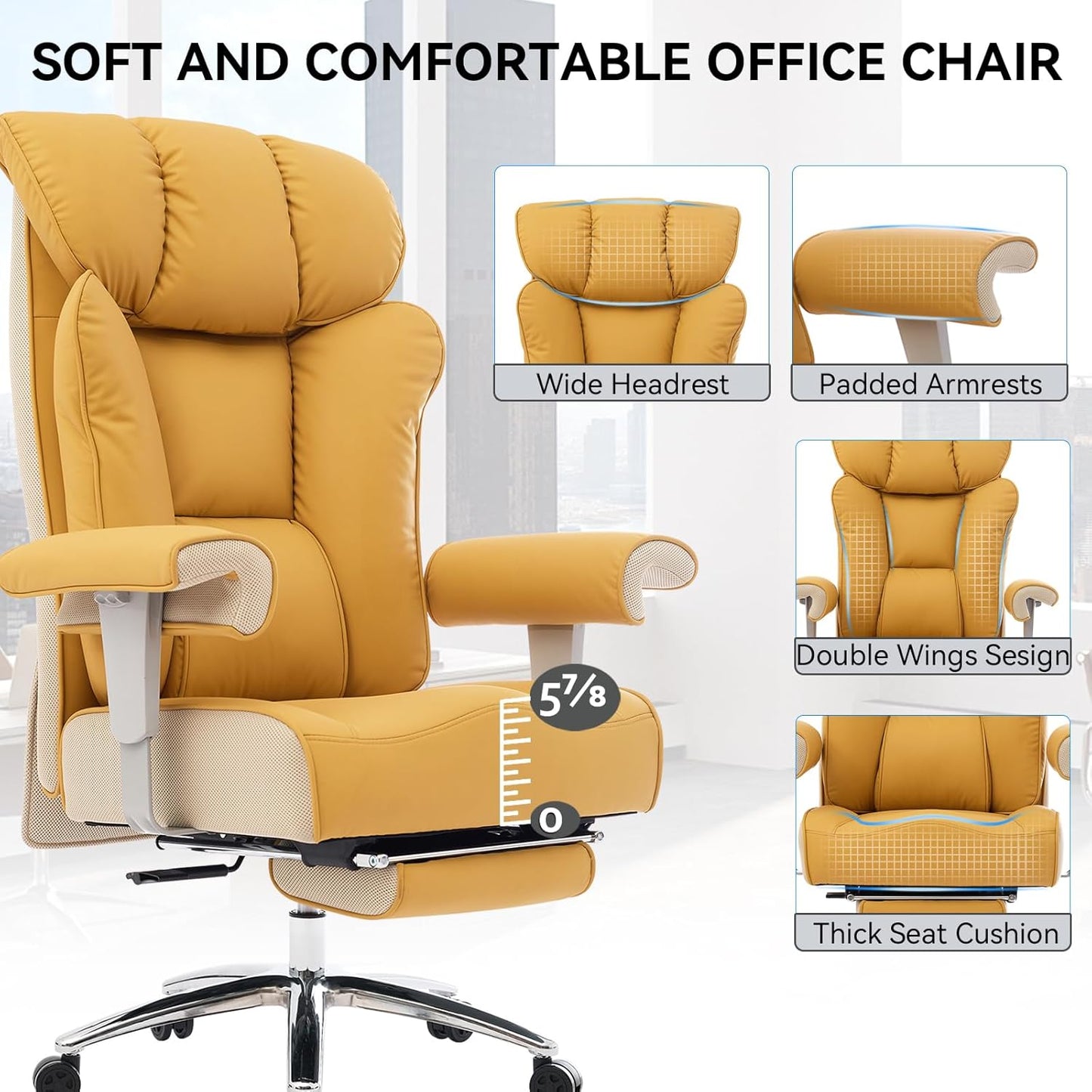 Efomao Big and Tall Green Office Chair 450LBS – Ergonomic High-Back Executive Chair with Footrest, Adjustable Padded Armrests, PU Leather Computer Chair with Lumbar Support for Home or Office, Yellow