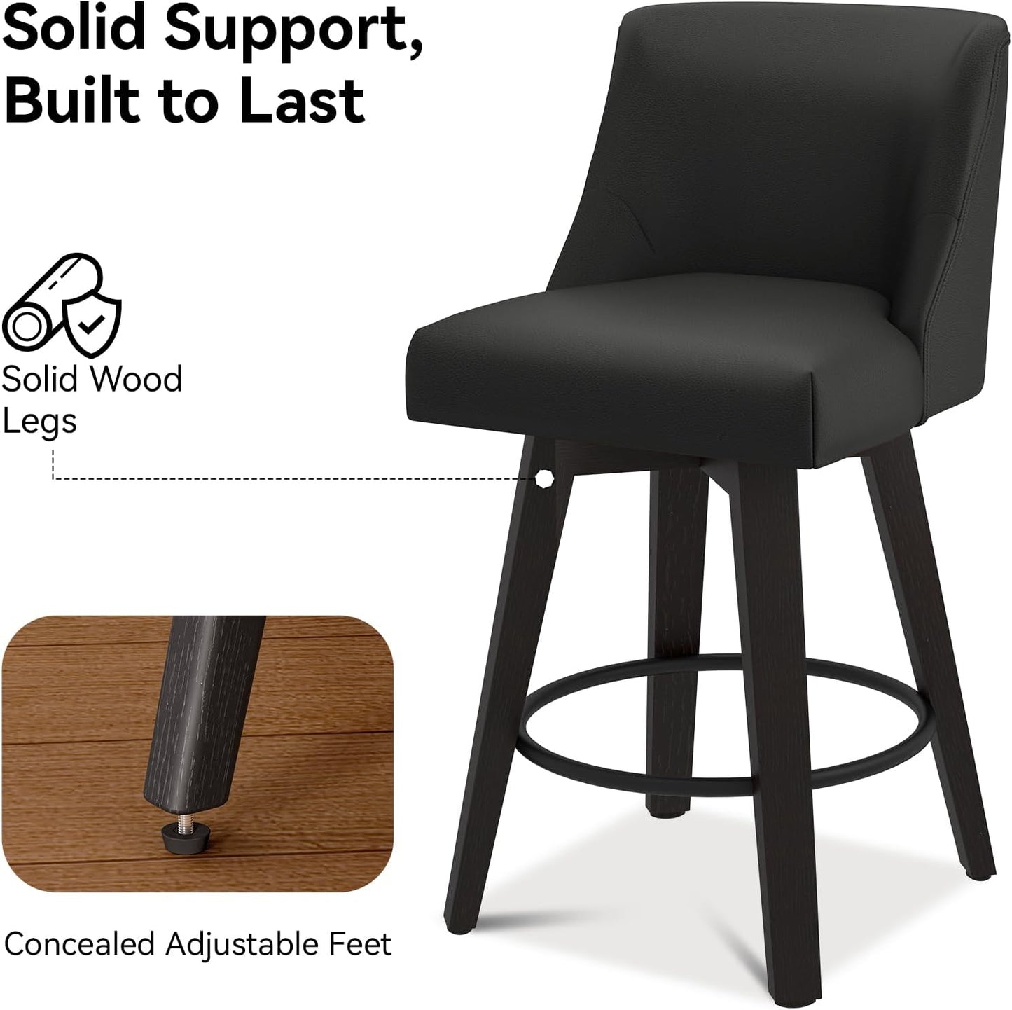 Counter Height Swivel Bar Stools Set of 3, 26 Inch Bar Stools with Footrest, Faux Leather Upholstered Barstools with Back and Solid Wood Legs for Kitchen Island, Dining Room,Pub,Black