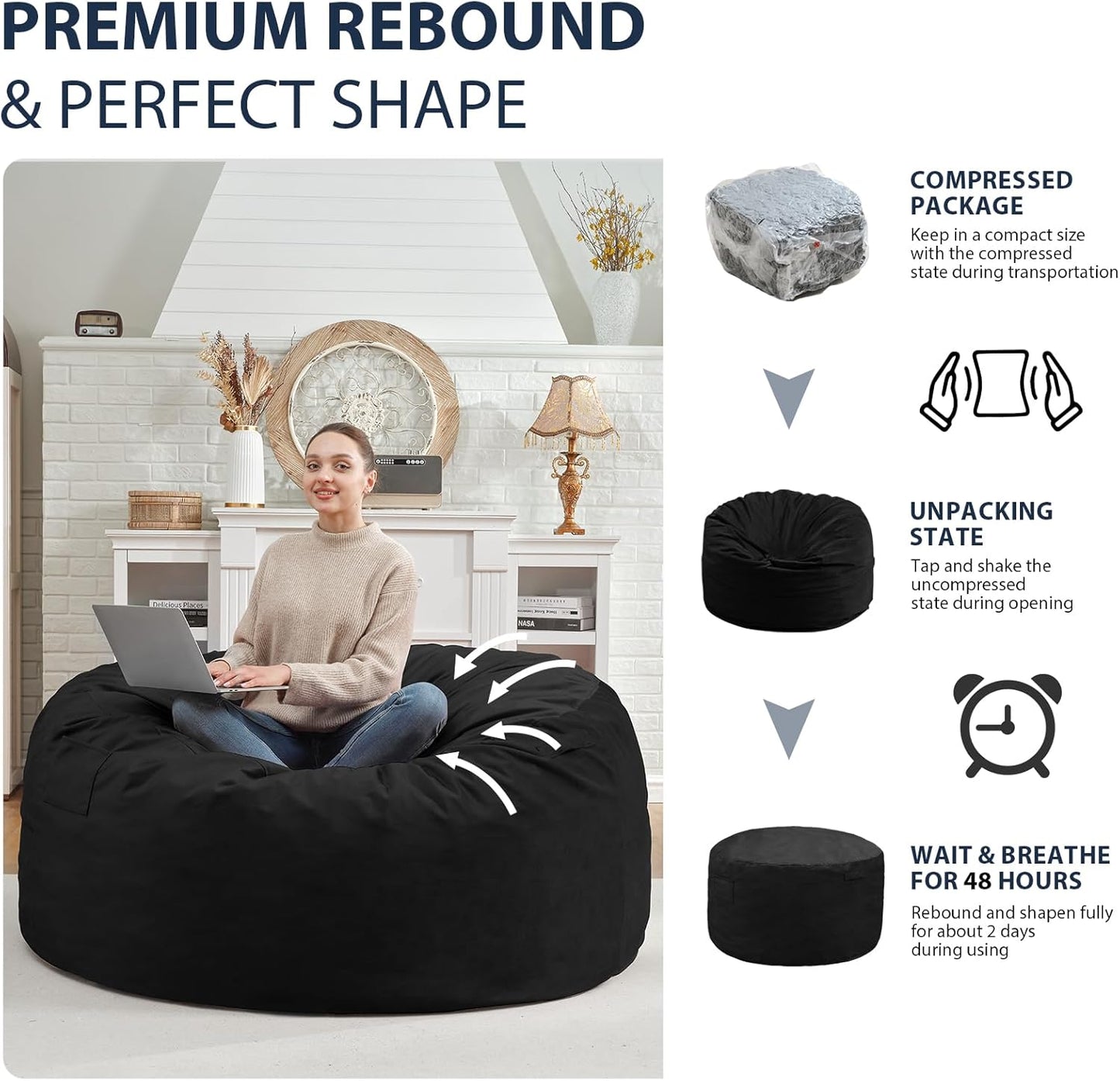 4FT Bean Bag Chair, Large Bean Bag Chairs with Memory Foam Filled, Fluffy Beanbag Sofa with Dutch Velvet Cover, Round BeanBag Chairs for Living Room, Playroom - Black