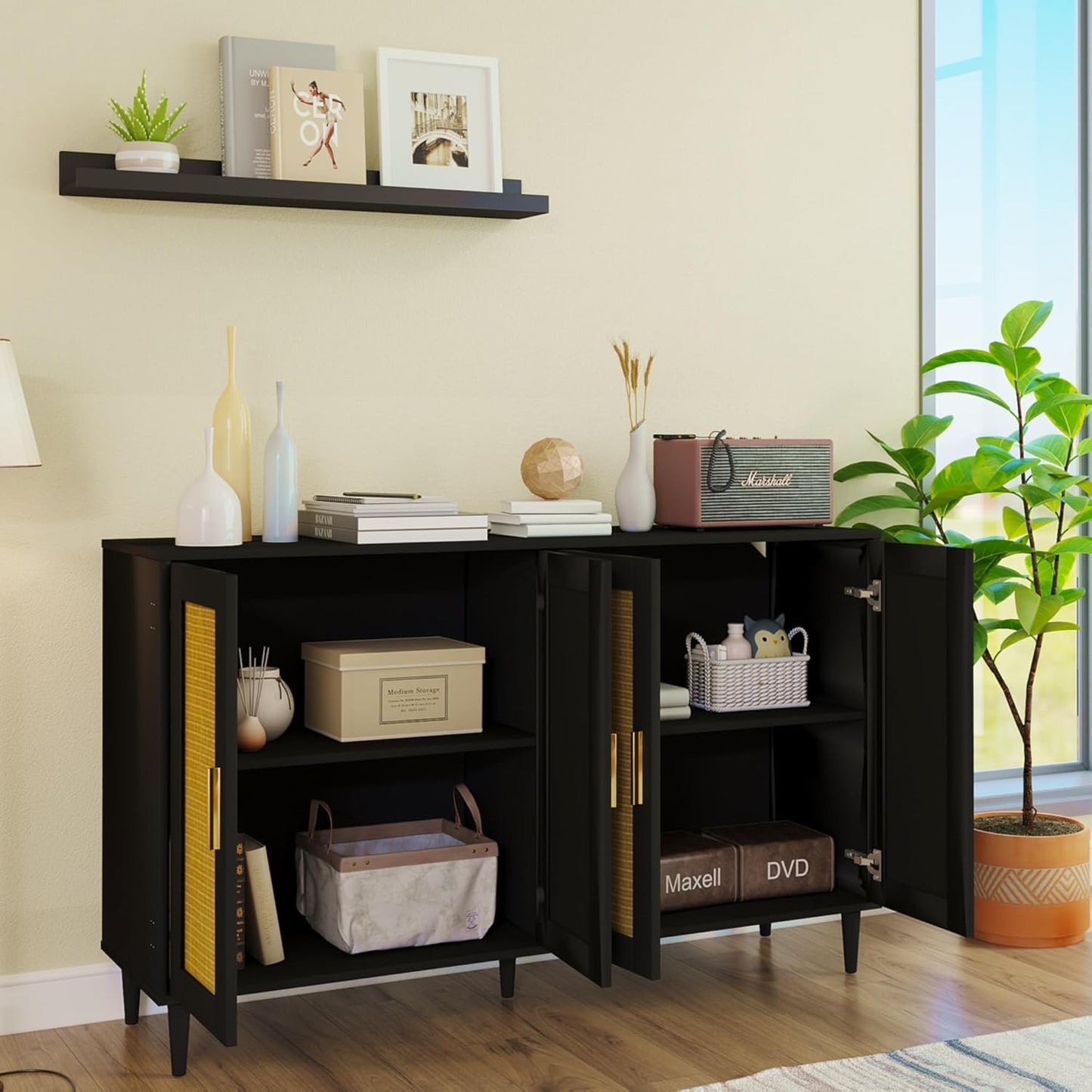 Buffet Sideboard,Kitchen Storage Cabinet with 4 Rattan Decorated Doors,Coffee Bar Cabinet with Adjustable Shelves for Living Room,Hallway,Black