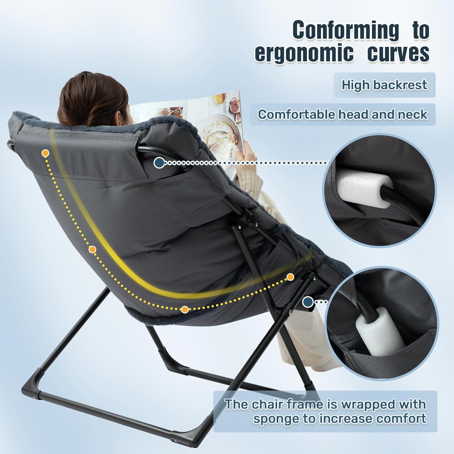 HollyHOME X-Large Saucer Chair, Comfy Oversized Folding Chair, Faux-Fur Reading Chair for Teens, Adults, Foldable Accent Lazy Chair, Metal Frame Lounge Chair for Living Room, Bedroom, Dorm, Navy Blue