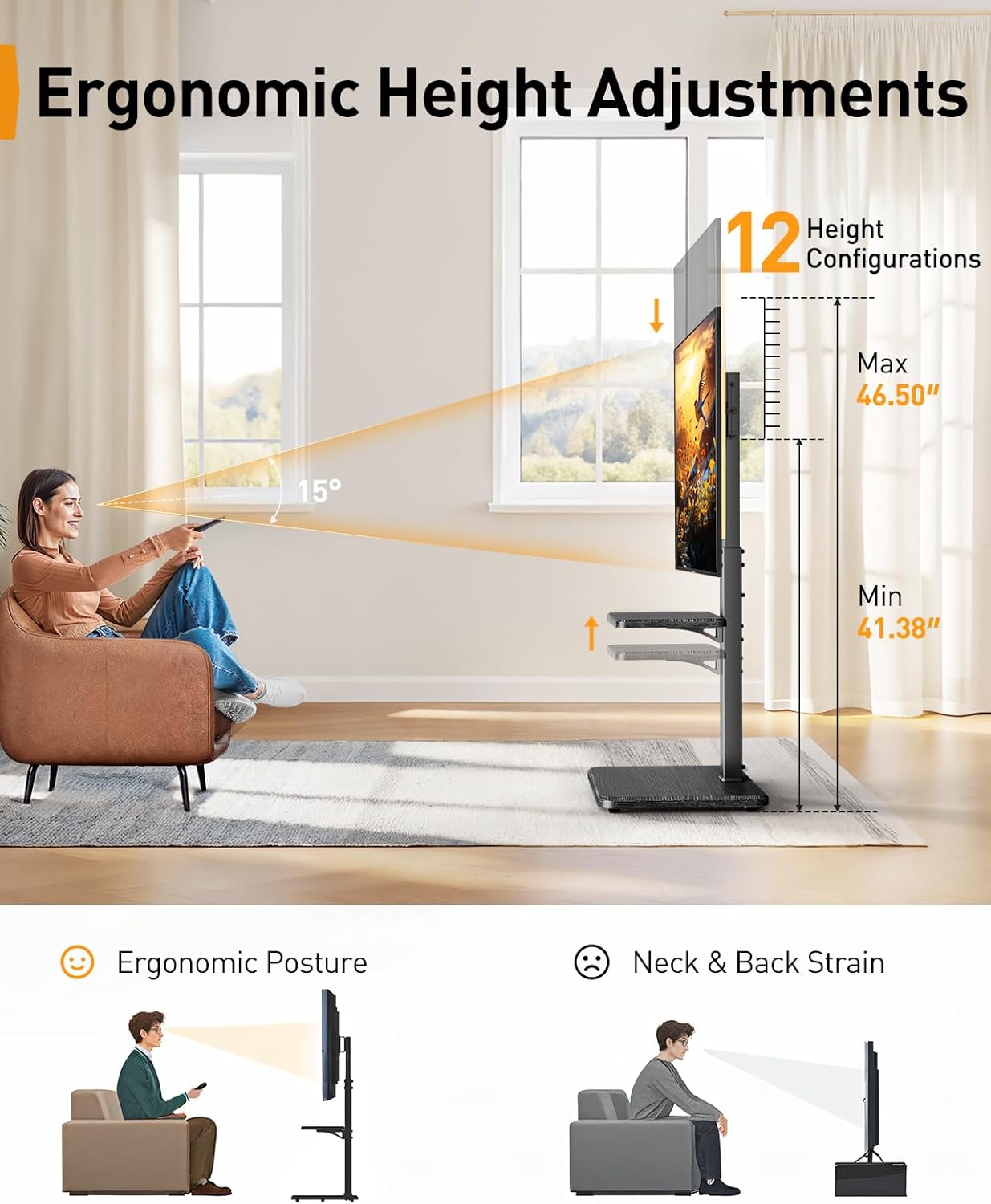 Perlegear Floor TV Stand with LED Light for 32”-75" TVs, Tall TV Stand with Swivel and Tilt, 12 Height Levels TV Mount Stand, Solid Wood Base up to 110 lbs for Living Room, Max VESA 600x400mm, PGFS21B