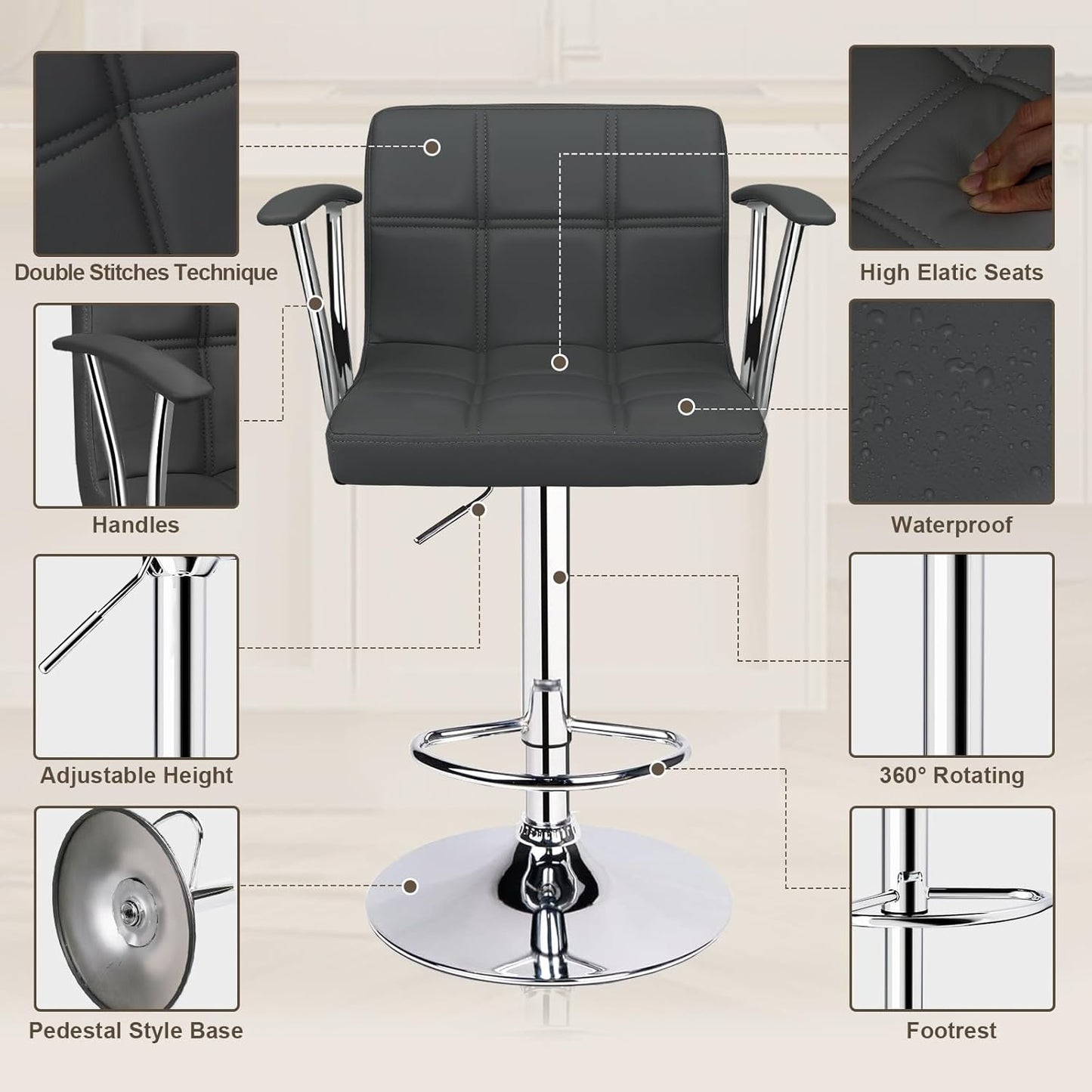 Bar Stools Set of 2,Armrest Adjustable Swivel Barstools with Back,Double Needle PU Leather Counter Height Bar Stools for Kitchen Island, Grey