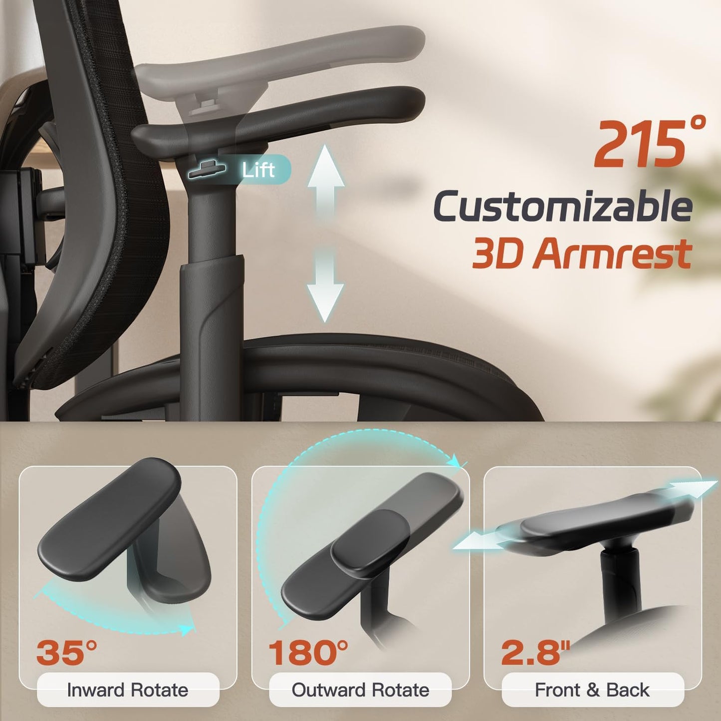 Ergonomic Office Chair, Mesh Desk Chair with Footrest, 3D Armrest - 215° Rotation, Adjustable Lumbar Support & Headrest, 90°-120° Tilt Lock, Big and Tall Computer Gaming Chairs, Black