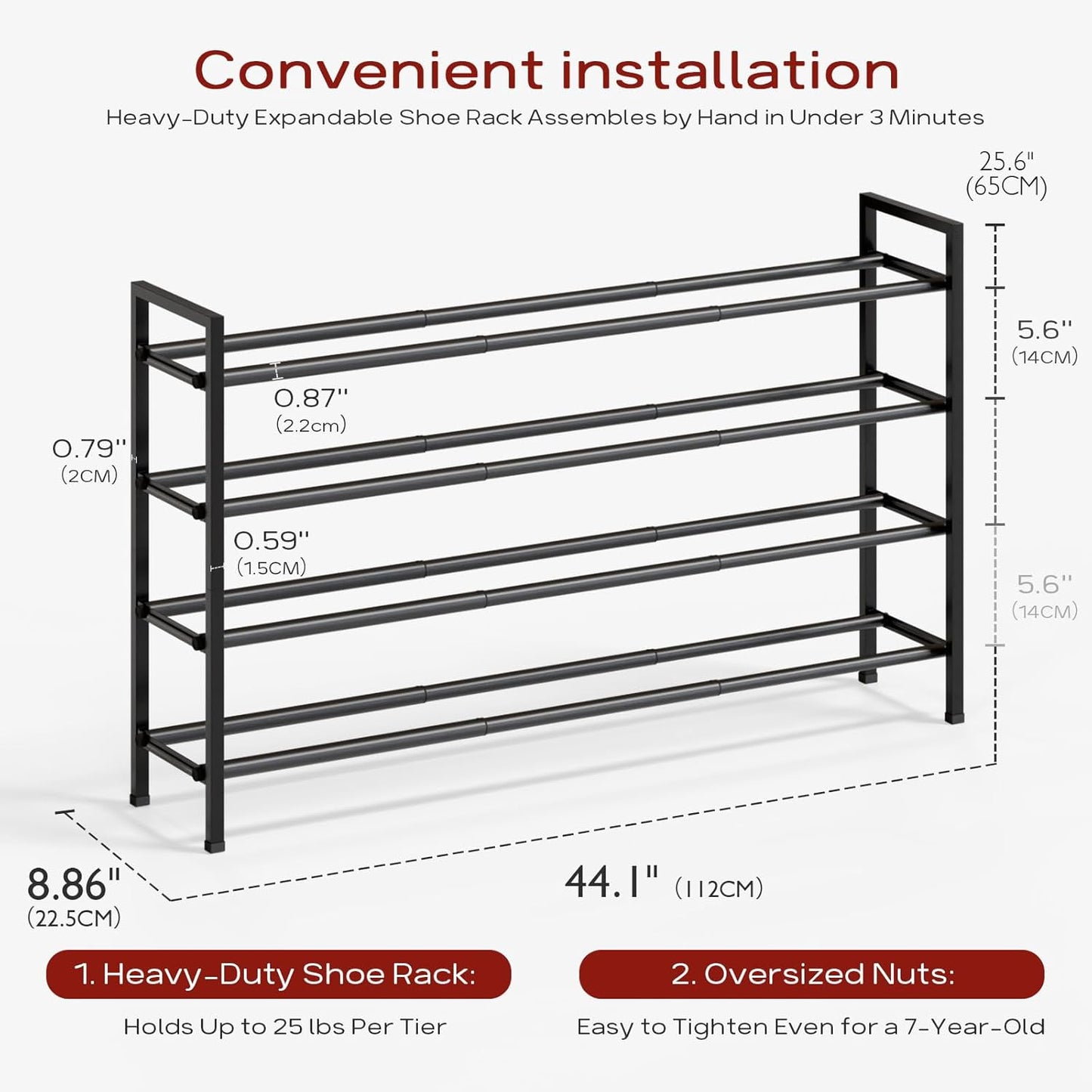 Bumusty 4-Tier Long Expandable Shoe Rack for Closet, 18"-44" Adjustable Shoe Rack for Entryway, 20-24 Pairs Large Shoe Organizer Shelf Storage, Sturdy Metal, Black
