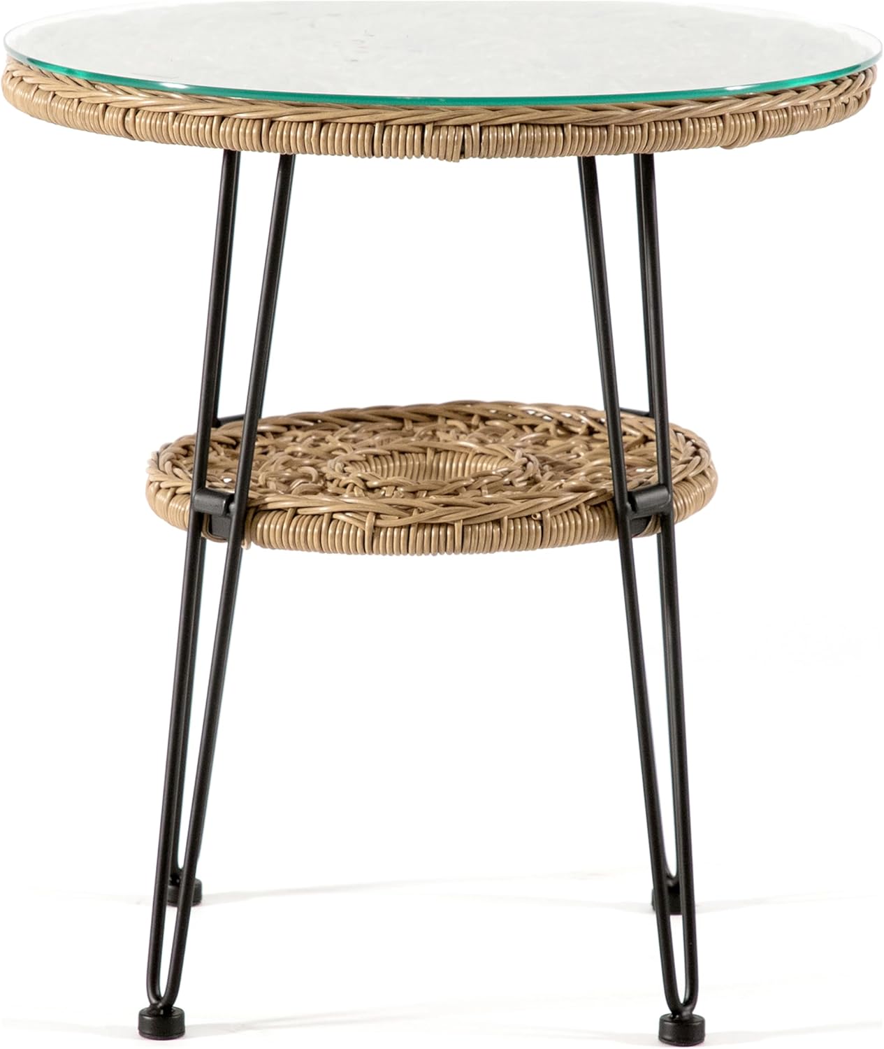 Muse & Lounge Co. Ysar Boho 19-inch Round Coffee Table Outdoor with Tempered Glass Top and Metal Frame, Handcrafted Coastal Furniture for Patio, Poolside, Garden, Yard, Natural