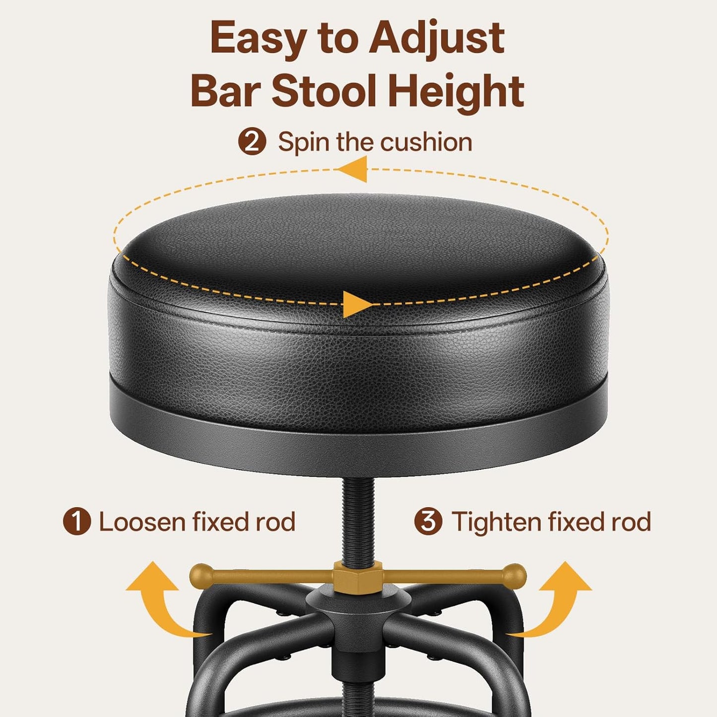 Adjustable Height Swivel Bar Stools Set of 2, 22-29 Inch Industrial Vintage Bar Counter Height Stools with Thicken Premium Bonded Leather Seats & Updated Footrests, Easy Assembly, Black