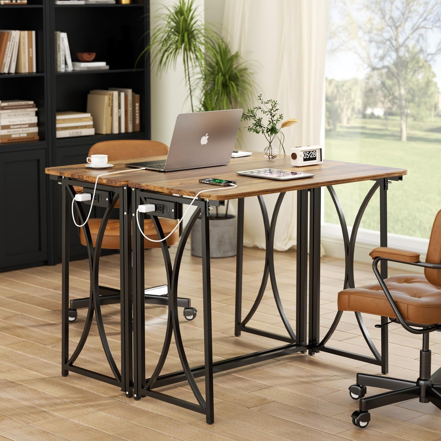 Small Desk, 31.5" Folding Table for Bedroom with Power Outlet, Space Saving Folding Computer Desk for Home Office, Easy Assembly, Brown