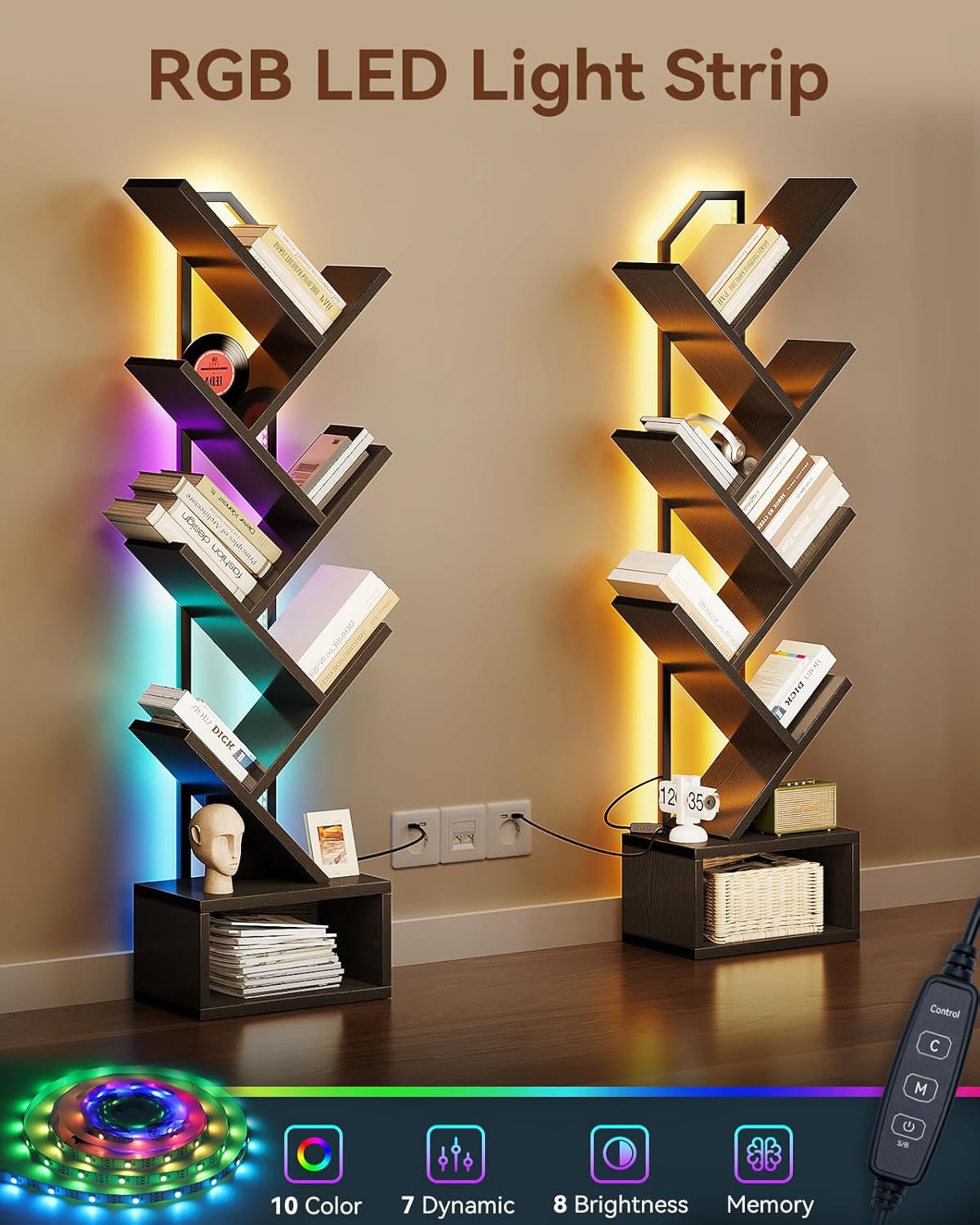 Casaottima 6-Tier Tree Bookshelf — Narrow Floor Standing Bookcase, Tall Steel & Wood Book Organizer Shelf with Cabinet, Home Decor for Living Room/Bedroom/Home Office, Black