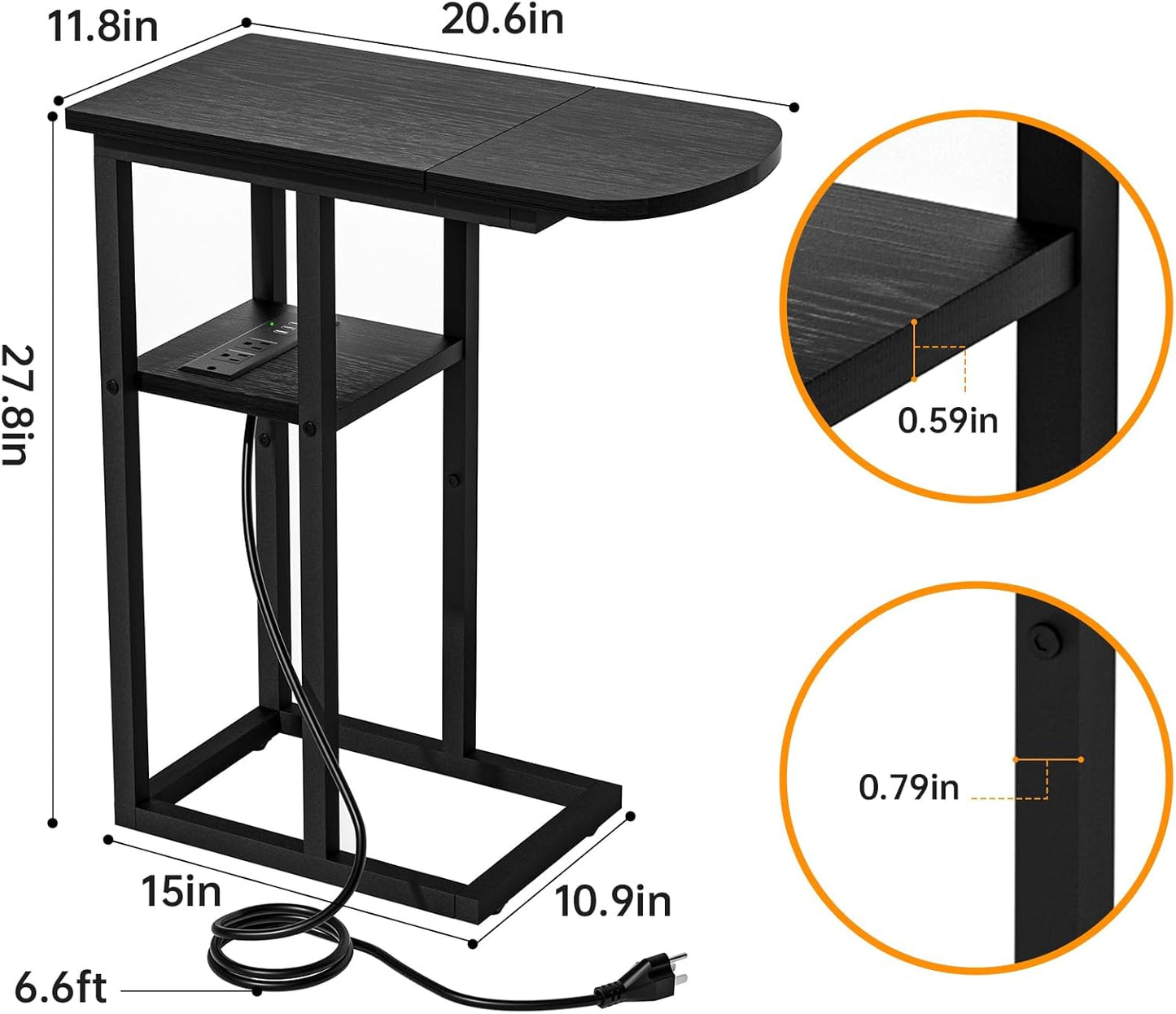 C Table End Table with Charging Station, Couch C Shaped Side Table for Living Room, Bedroom, Laptop Table with USB Ports and Type-C Port, Snack Tray Table for Couch, Black