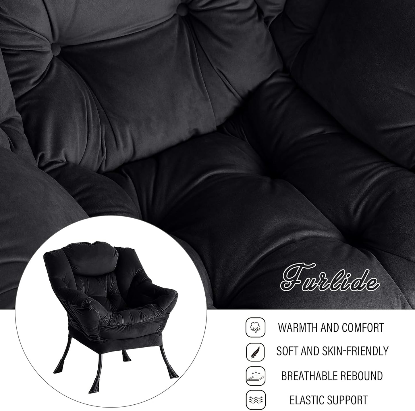 Lazy Chair with Ottoman, Modern Chair with Folding Footrest, Lounge Accent Chair, Comfortable Reading Chair, Oversized Armchairs for Bedroom, Study, Living Room, Courtyard (Velvet Black)