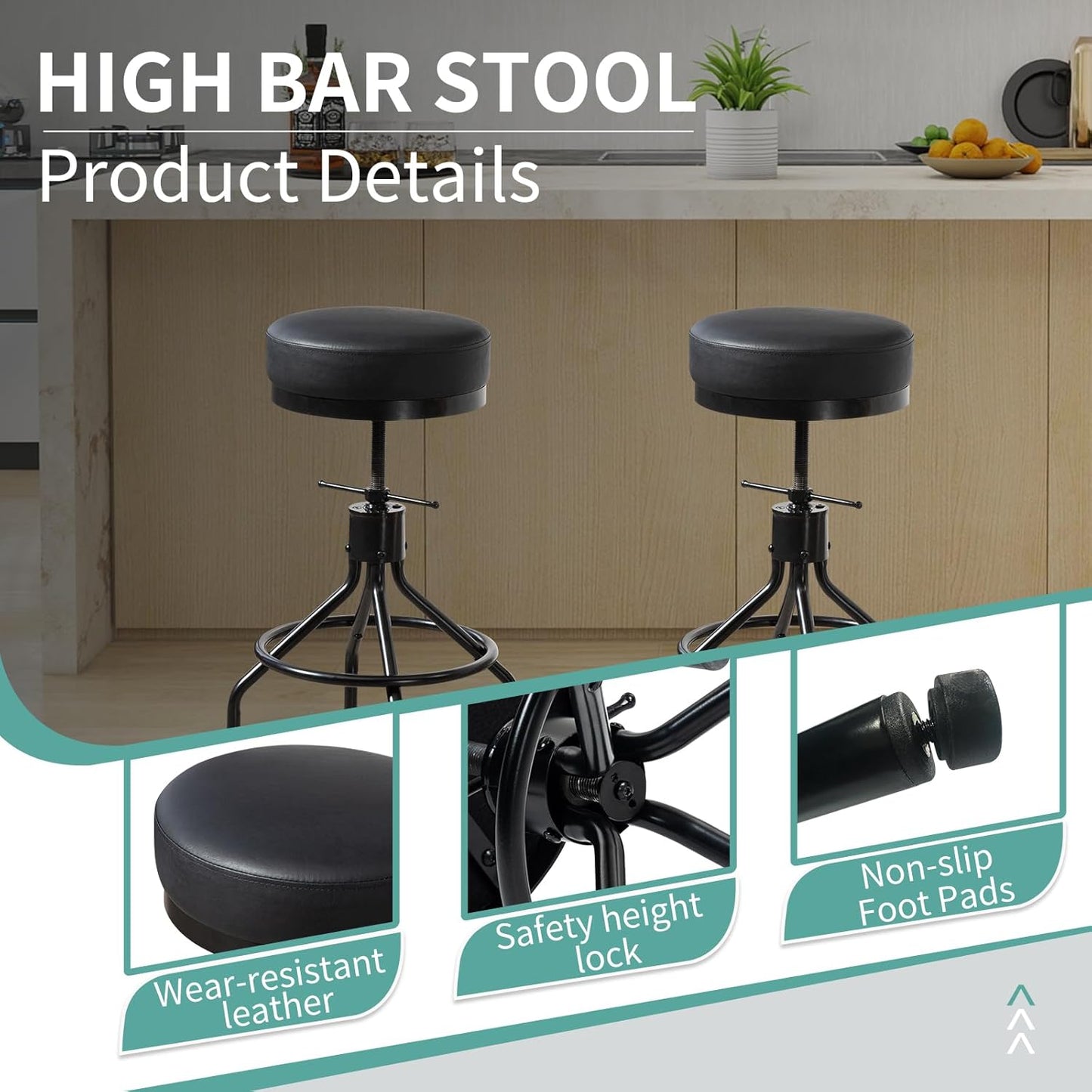 Adjustable Bar Stools Swivel Black Barstools Modern PU Leather 28inch Round Backless Counter Height Stool Metal Industrial Bar Chair for Kitchen Island (1, Black)