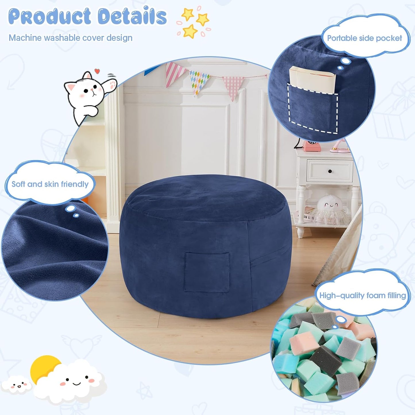 Kids Bean Bag Chair Bed - Convertible Lazy Chair to Floor Mattress with Filler - Small Beanbag Chair for Boys and Girls - Floor Couch Sofa in Bedroom, Classroom, Reading Nook - Navy Blue