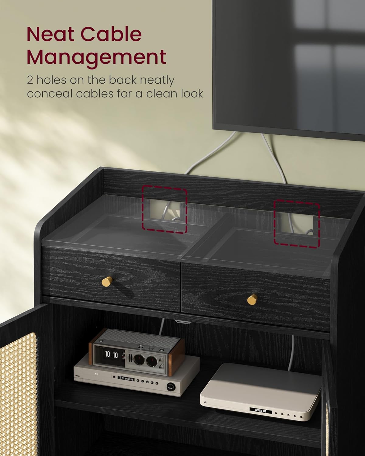 VASAGLE BOHOVEN Collection - Buffet Cabinets, Set of 2, Sideboard Storage Cabinets with Rattan-Like Doors and Drawers, Accent Cabinets, Adjustable Shelf, Boho Style, for Living Room, Ebony Black